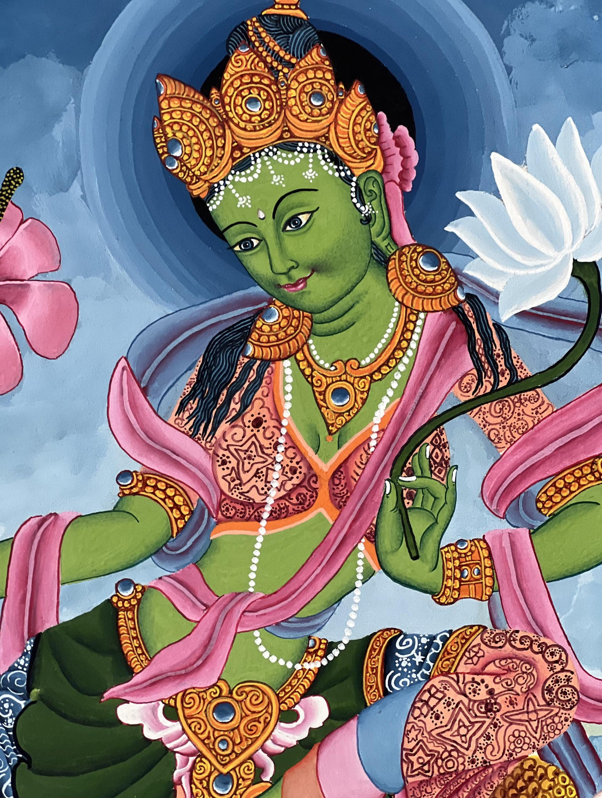 Green Tara Thangka Painting, Newari Paubha, Silk Brocade