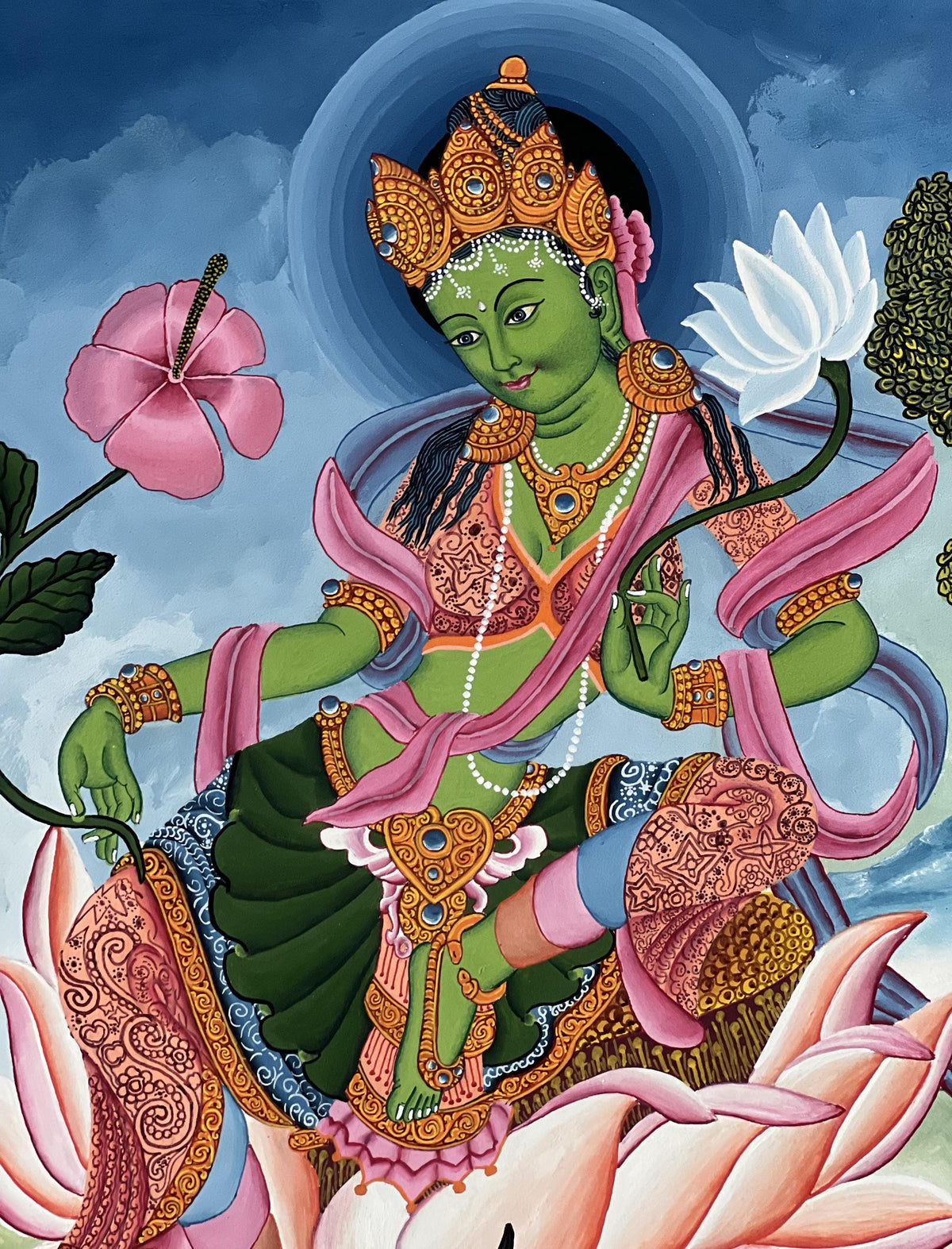 Green Tara Thangka Painting, Newari Paubha, Silk Brocade