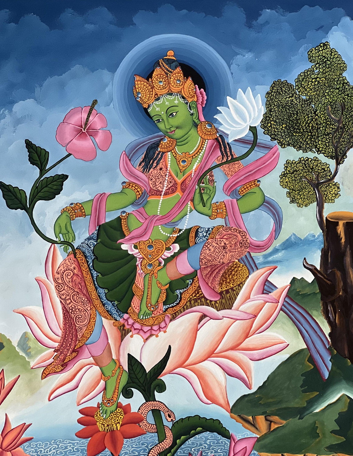 Green Tara Thangka Painting, Newari Paubha, Silk Brocade