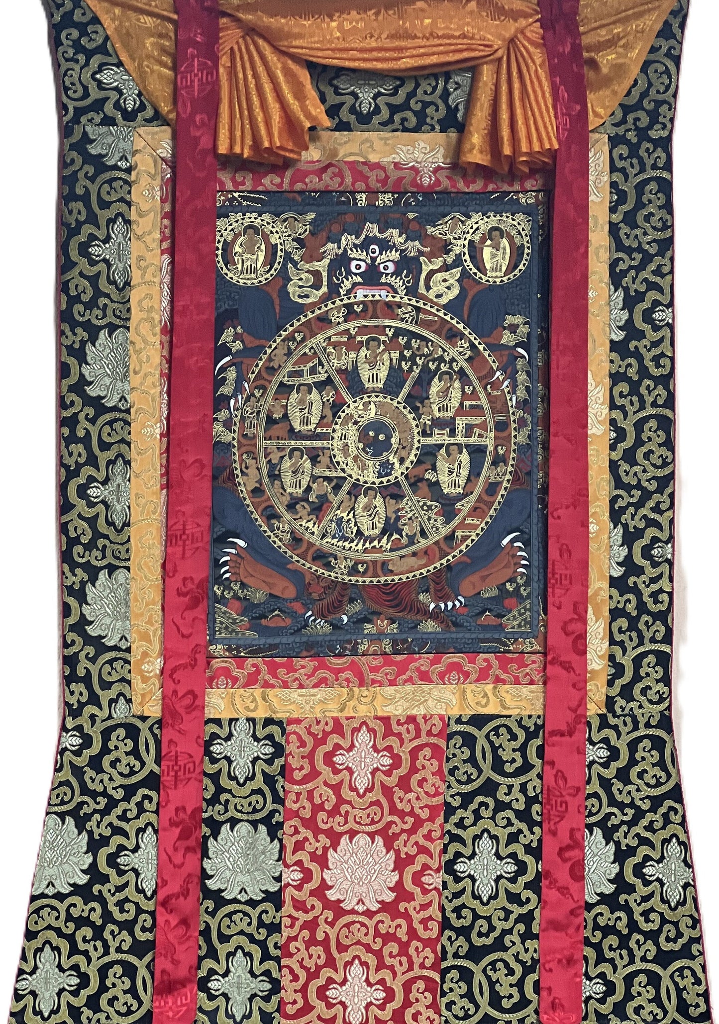 Original Hand-painted Bhavachakra/ Samsara  Wheel of Life Mandala/ Tibetan Thangka Painting with Silk Brocade
