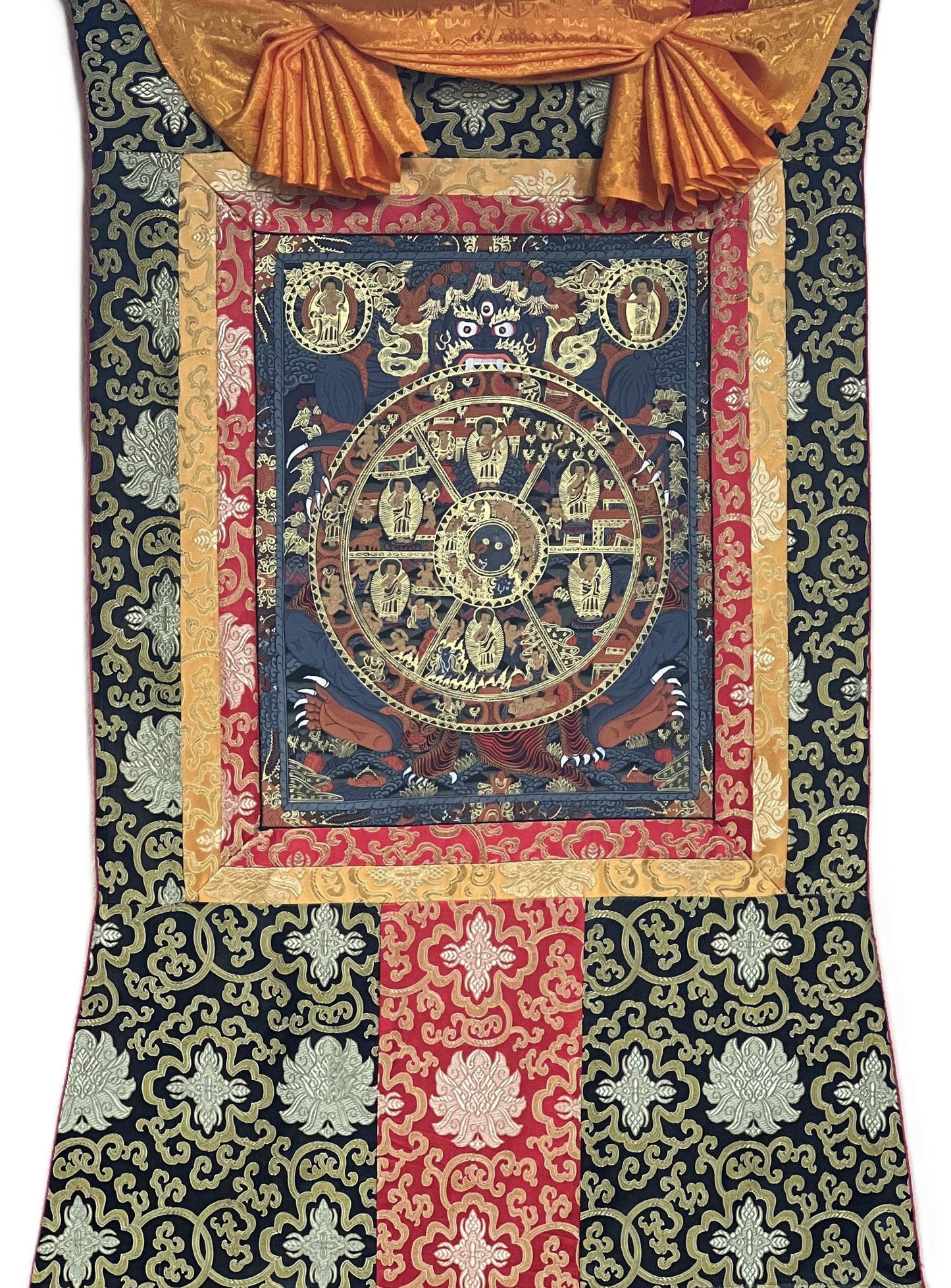 Original Hand-painted Bhavachakra/ Samsara  Wheel of Life Mandala/ Tibetan Thangka Painting with Silk Brocade