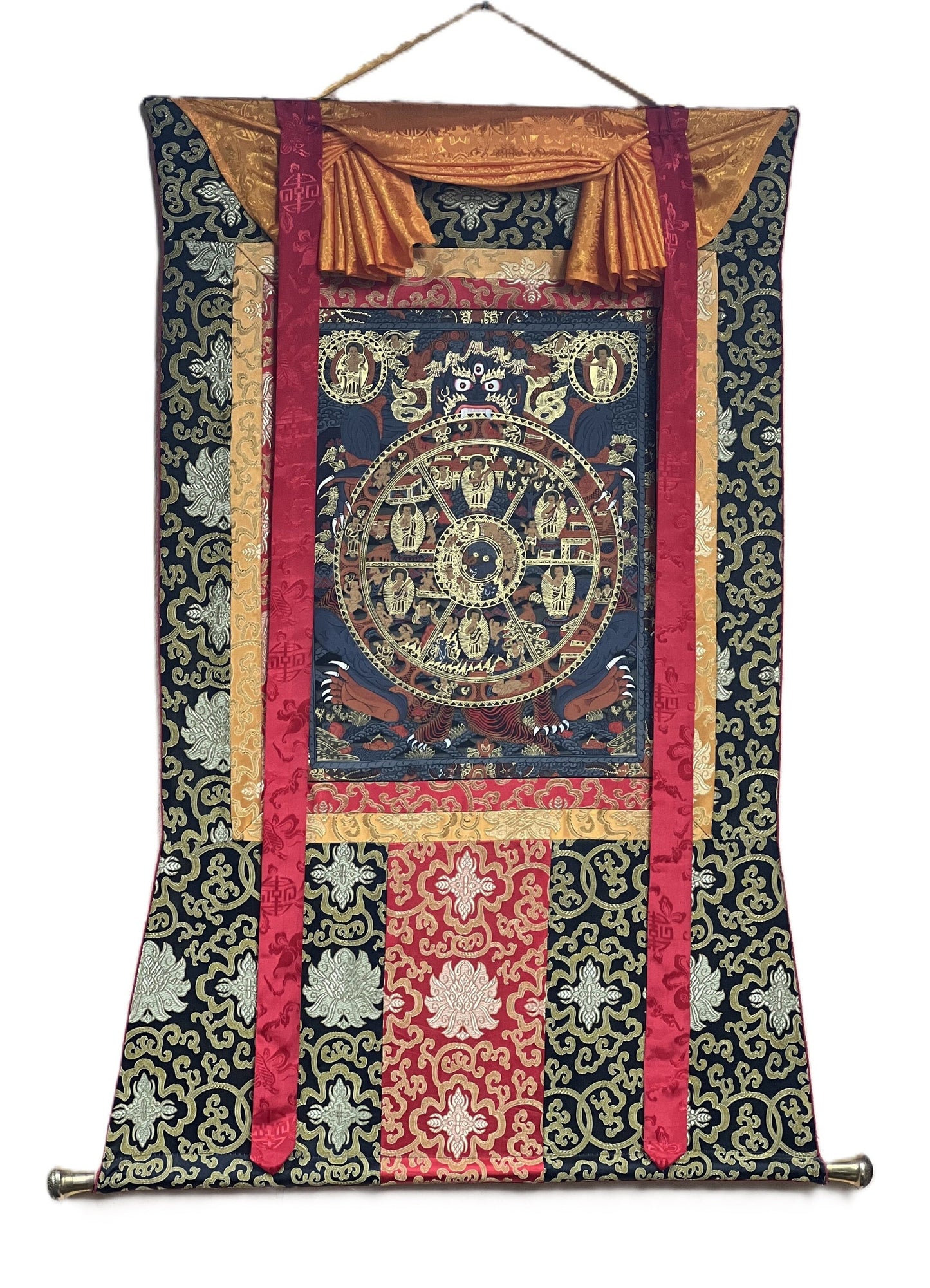 Original Hand-painted Bhavachakra/ Samsara  Wheel of Life Mandala/ Tibetan Thangka Painting with Silk Brocade