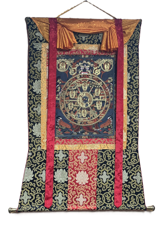 Original Hand-painted Bhavachakra/ Samsara  Wheel of Life Mandala/ Tibetan Thangka Painting with Silk Brocade