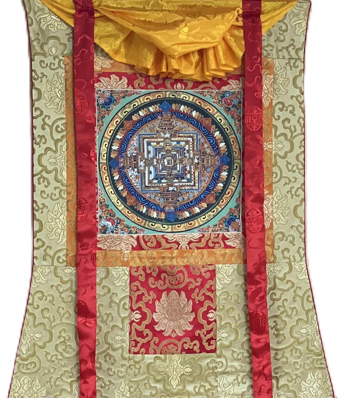 Hand-Painted Kalachakra Mandala Tibetan Thangka with Silk Brocade