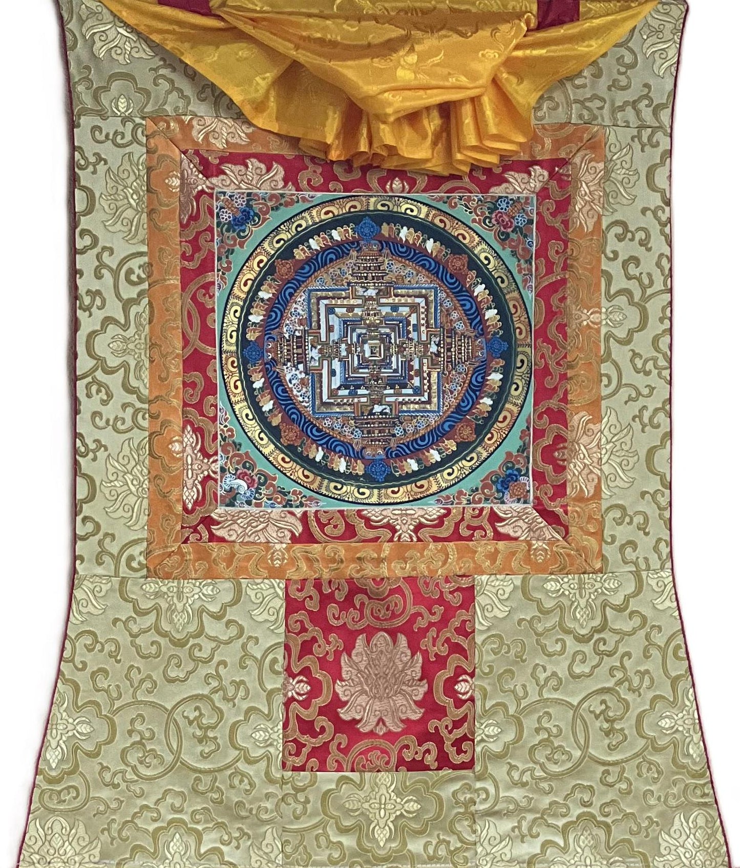Hand-Painted Kalachakra Mandala Tibetan Thangka with Silk Brocade