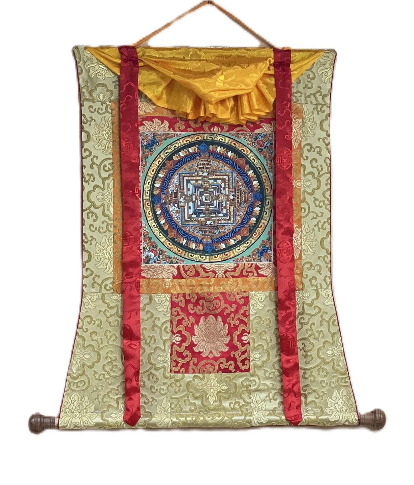Hand-Painted Kalachakra Mandala Tibetan Thangka with Silk Brocade