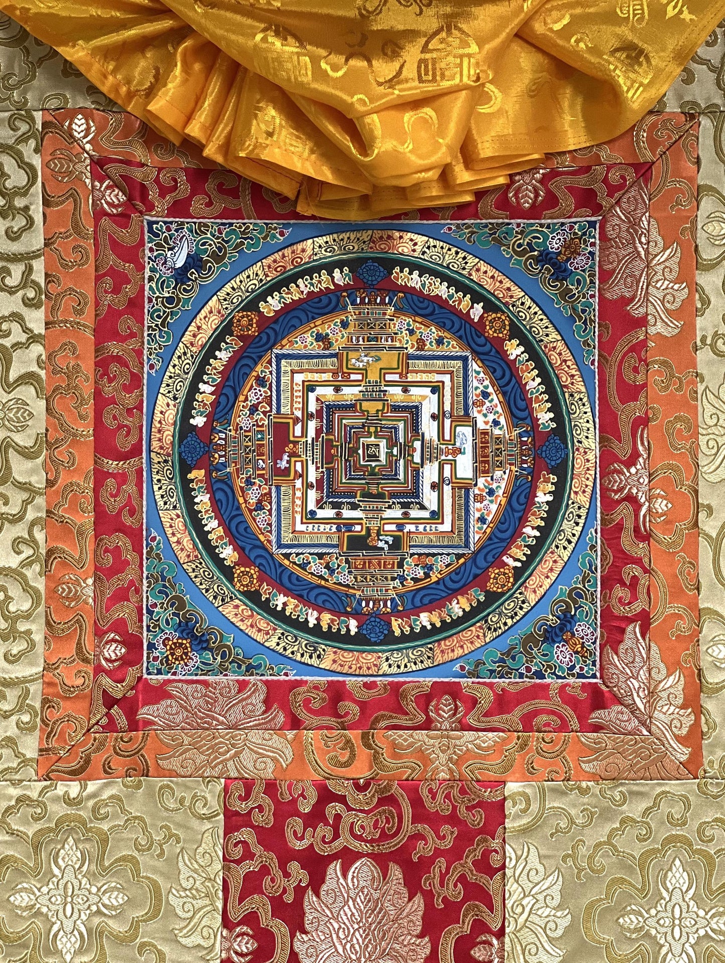 Hand-Painted Kalachakra Mandala Tibetan Thangka with Silk Brocade