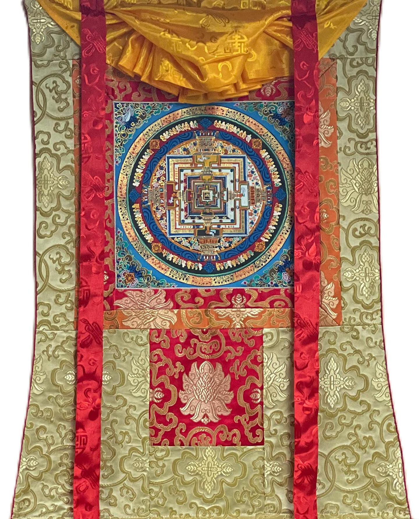 Hand-Painted Kalachakra Mandala Tibetan Thangka with Silk Brocade