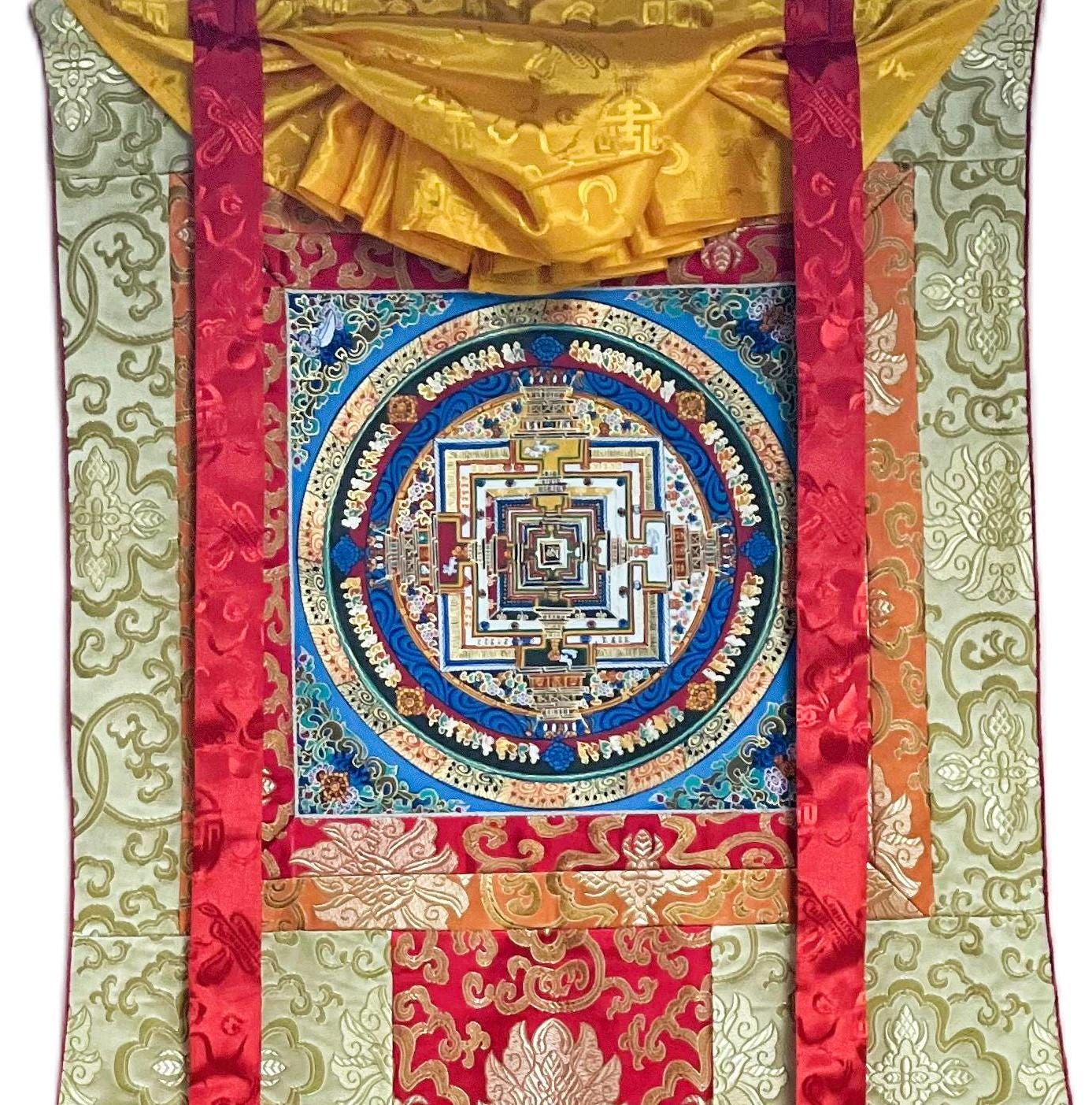 Hand-Painted Kalachakra Mandala Tibetan Thangka with Silk Brocade