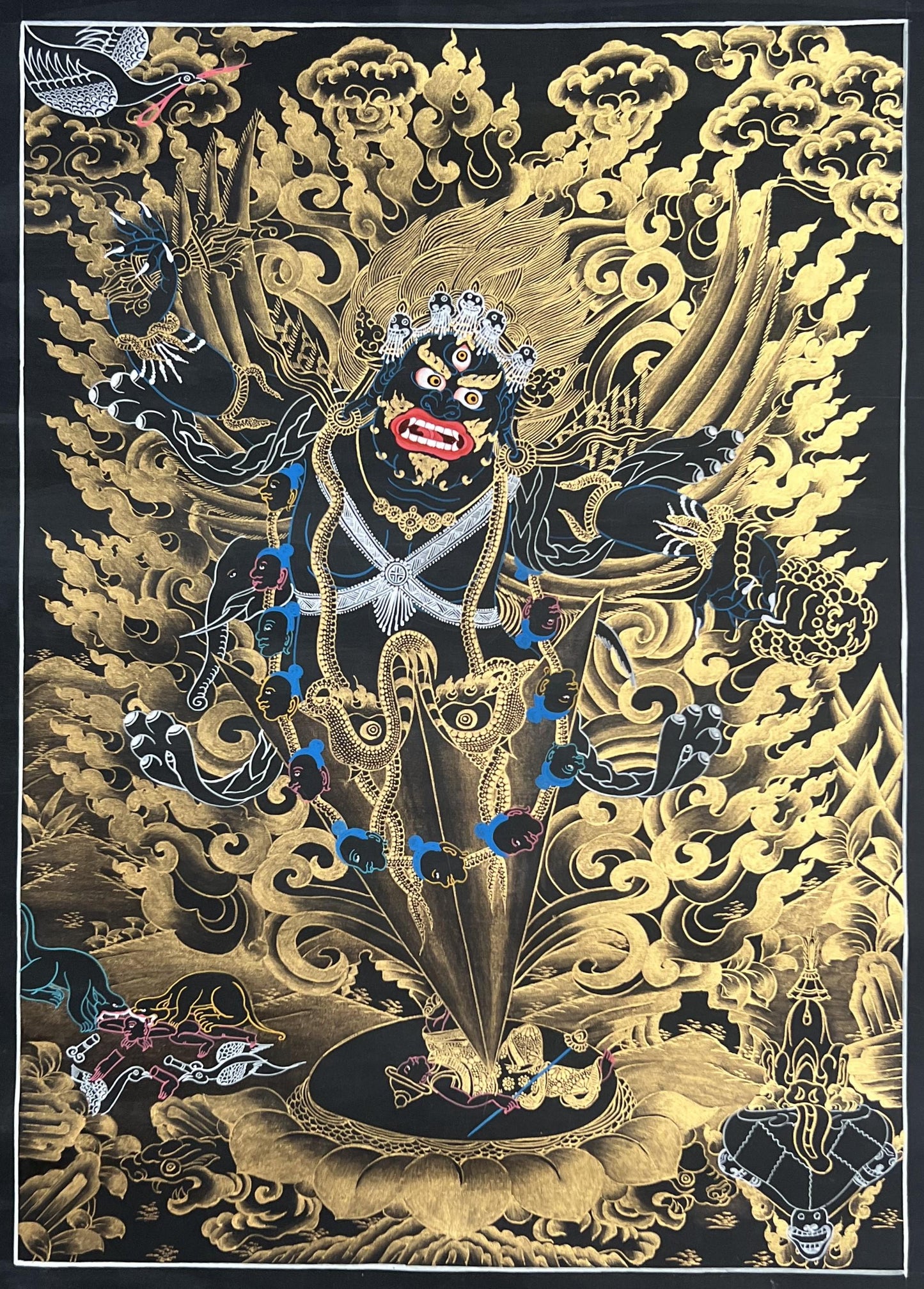 Guru Dragpo Thangka Painting, Black and Gold Vajra Armor Art