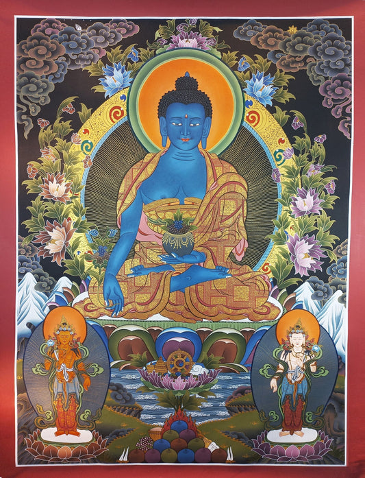 24K Gold Medicine Buddha Thangka Painting, Large Tibetan Art