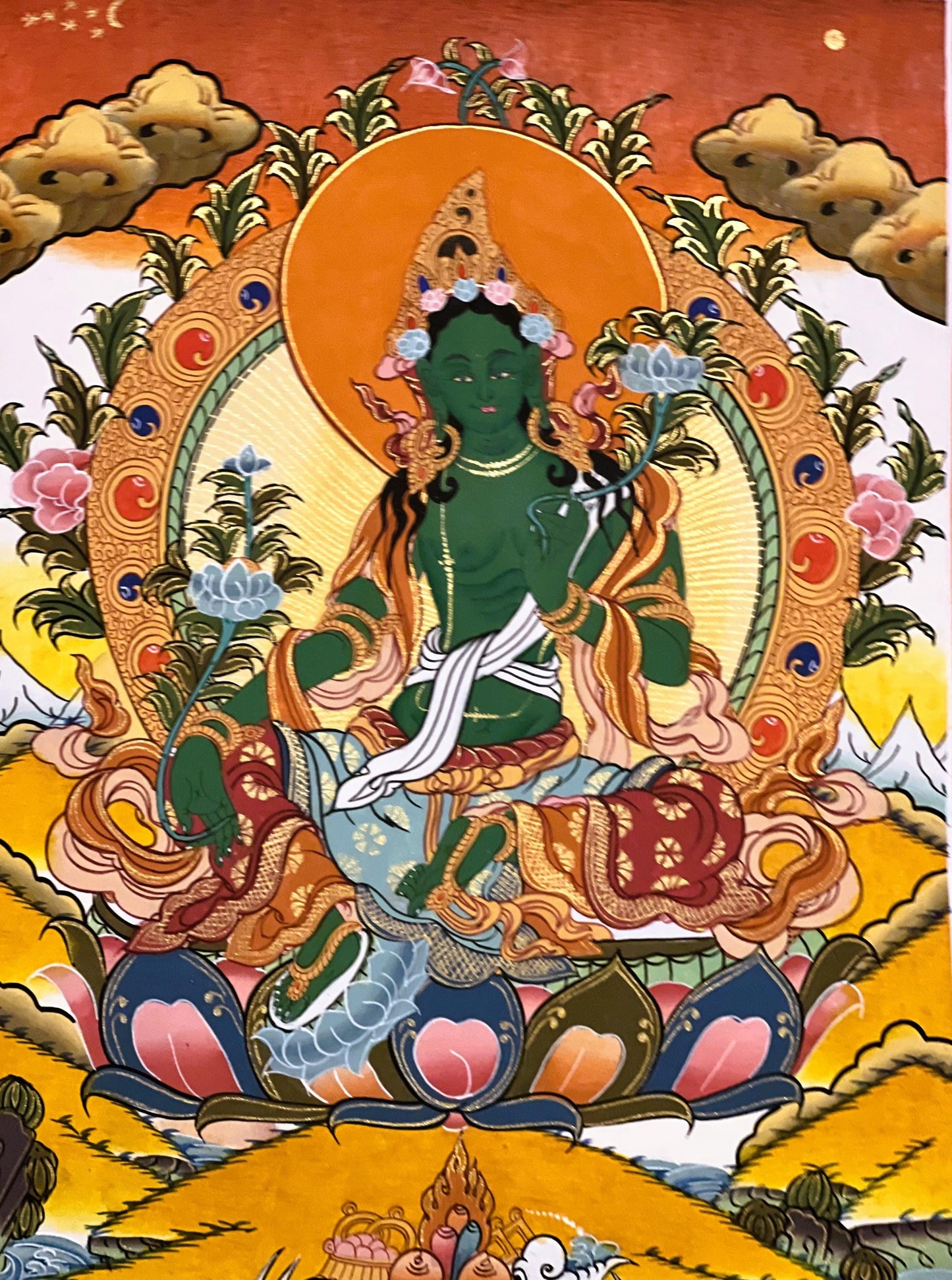 Hand-Painted Green Tara Thangka, Silk Framed Tibetan Wall Hanging