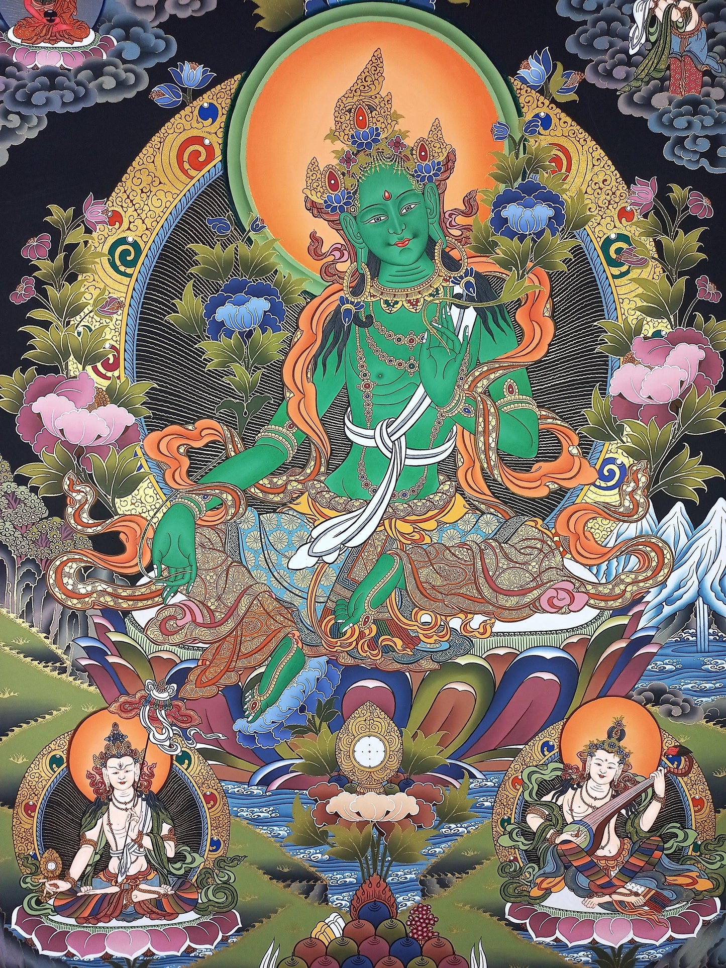 Original Large Green Tara Thangka | Hand-Painted 24K Gold Masterpiece | Tibetan Sacred Art from Nepal