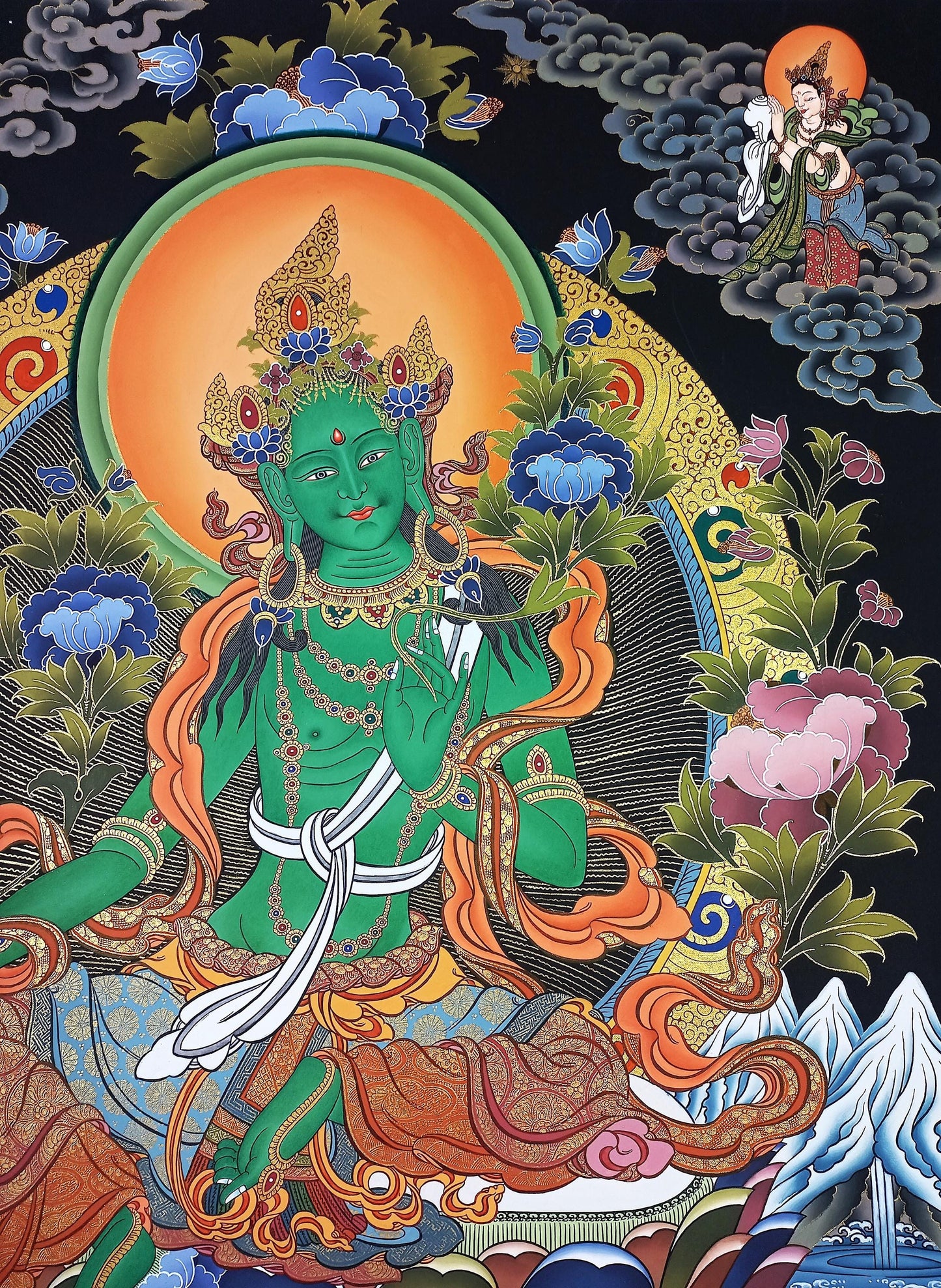 Original Large Green Tara Thangka | Hand-Painted 24K Gold Masterpiece | Tibetan Sacred Art from Nepal