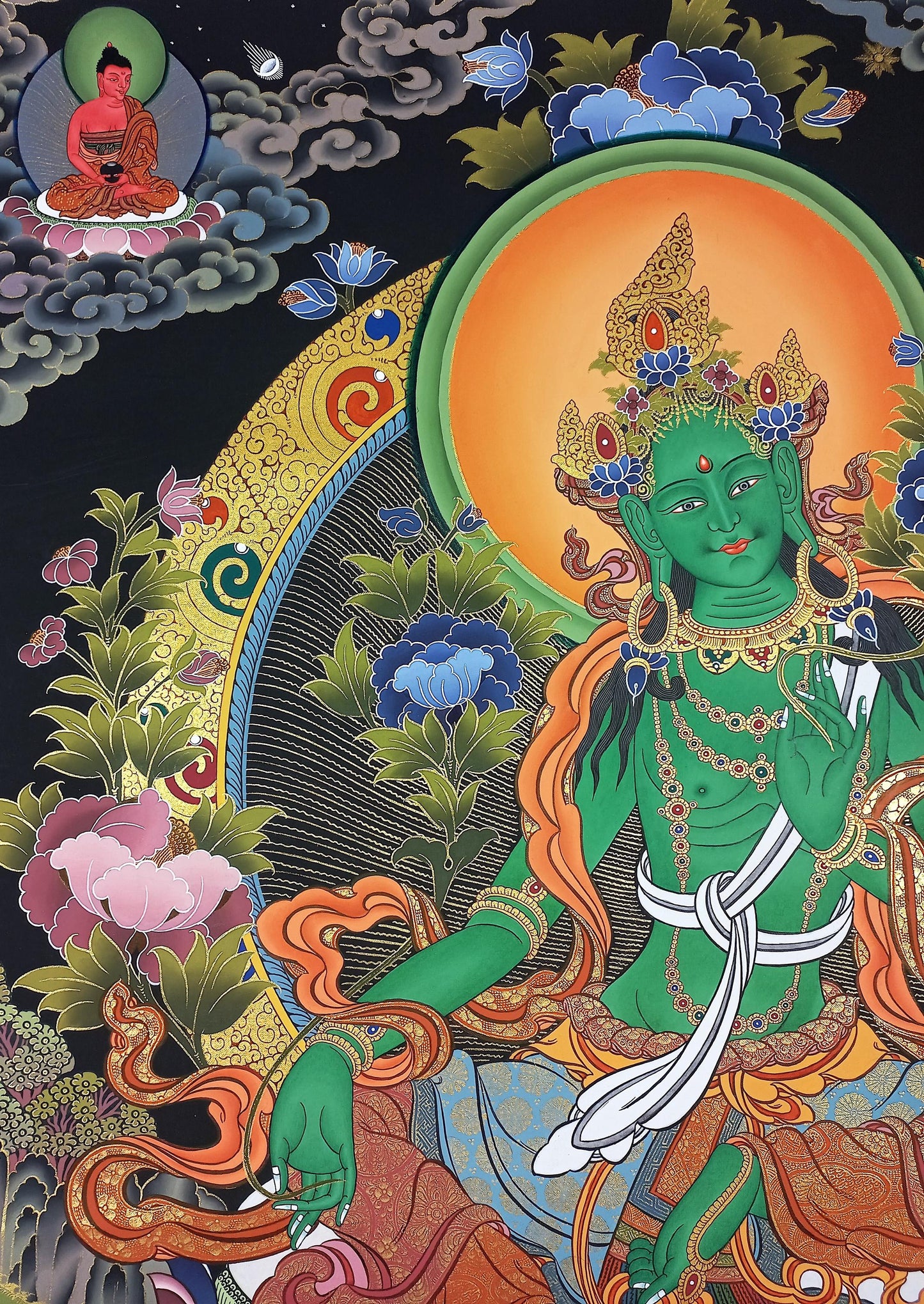 Original Large Green Tara Thangka | Hand-Painted 24K Gold Masterpiece | Tibetan Sacred Art from Nepal