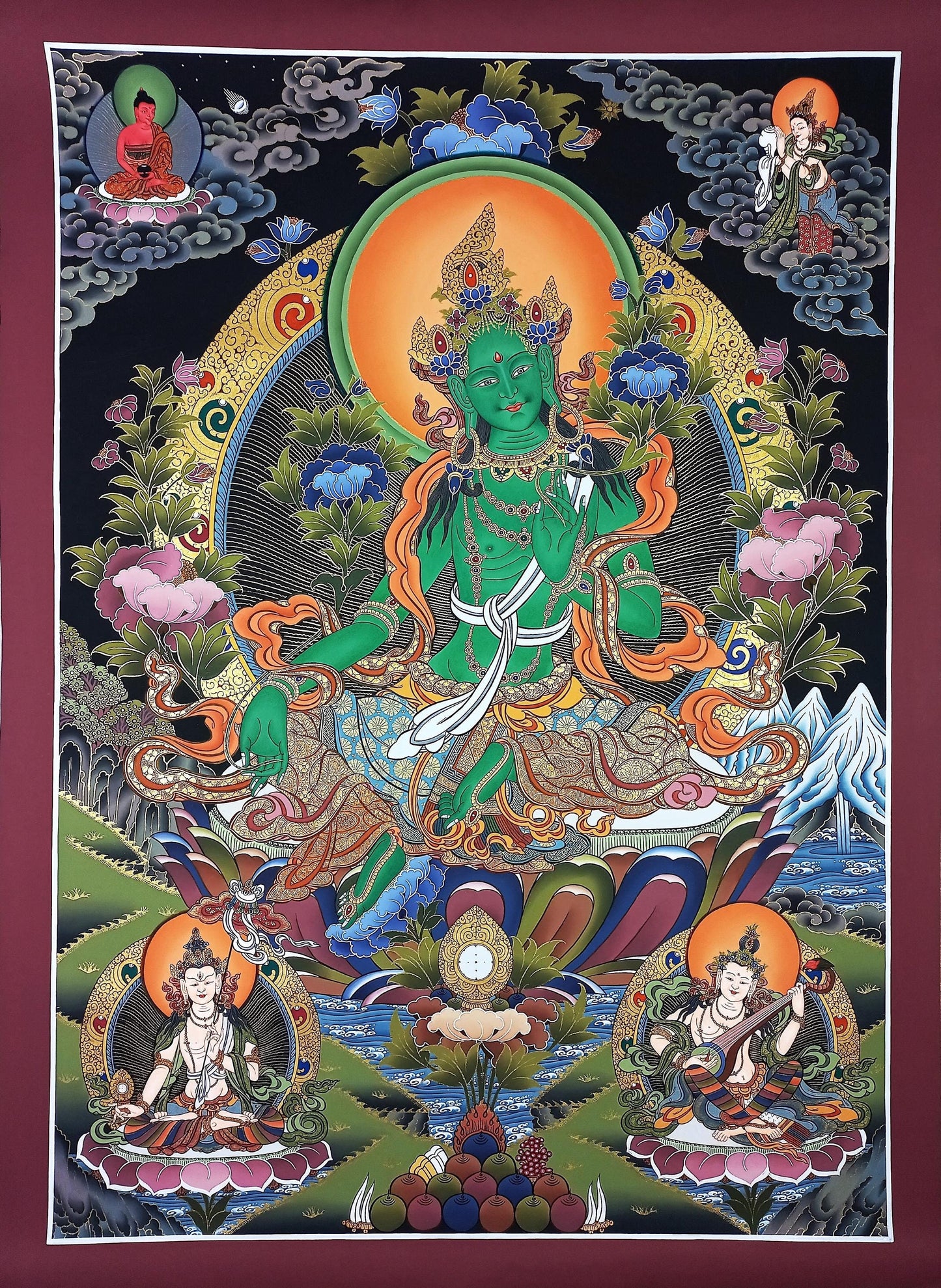 Original Large Green Tara Thangka | Hand-Painted 24K Gold Masterpiece | Tibetan Sacred Art from Nepal