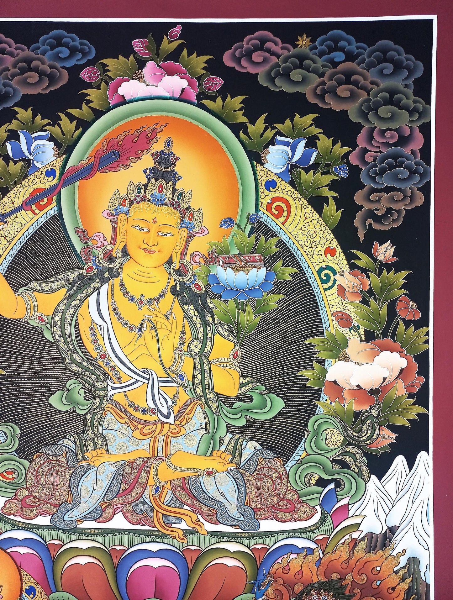 Manjushri (Jampelyang) LARGE Tibetan Thangka | Bodhisattva of Wisdom | Hand-Painted Masterpiece | Gold Painting | Enlightenment Art