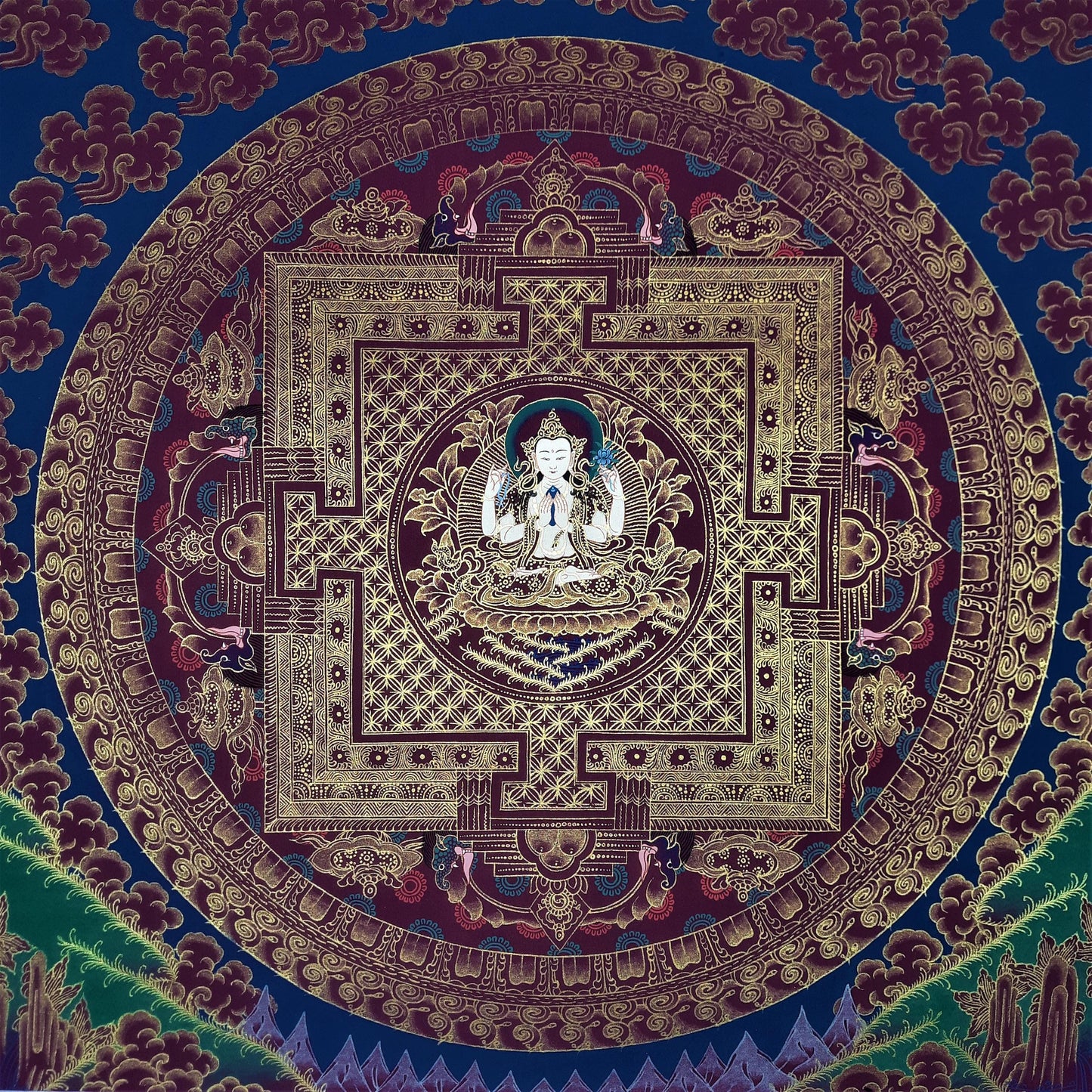 Hand-Painted Chenrezig Mandala, Black and Gold Tibetan Thangka