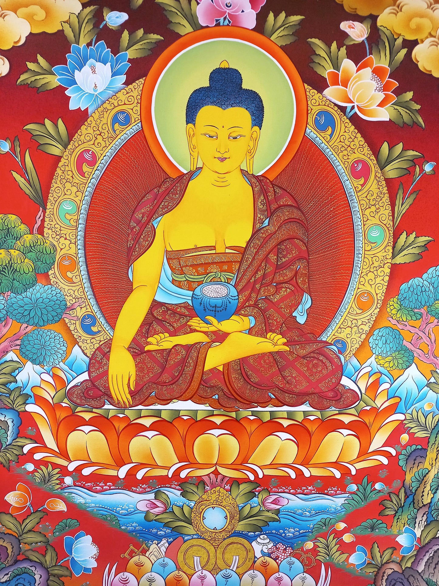 Hand-Painted Shakyamuni Buddha Thangka Painting, 24K Gold Tibetan Art