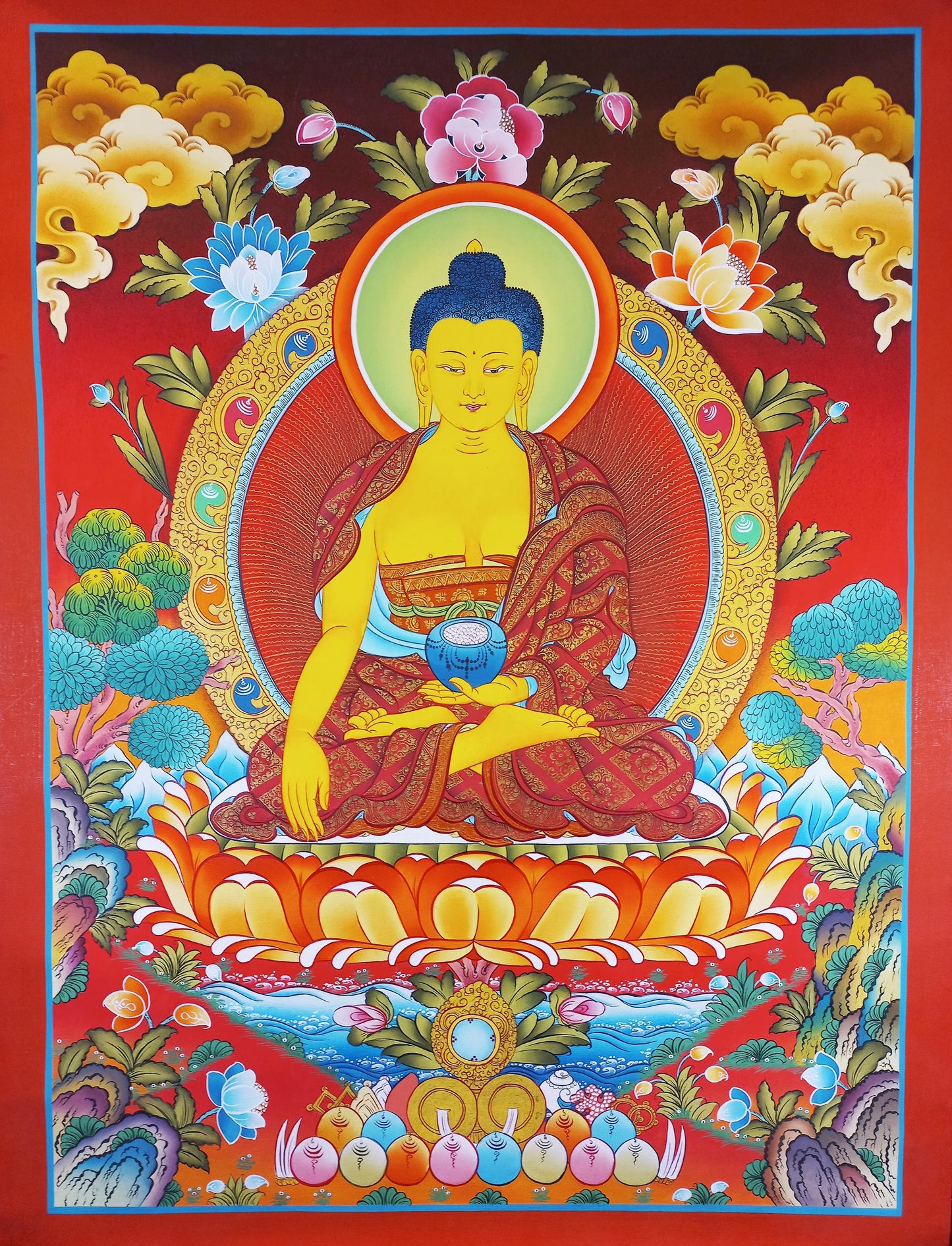 Hand-Painted Shakyamuni Buddha Thangka Painting, 24K Gold Tibetan Art