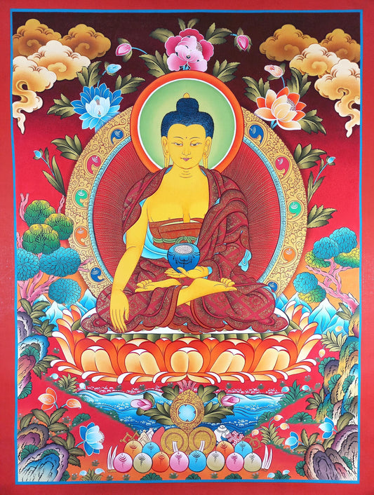 Hand-Painted Shakyamuni Buddha Thangka Painting, 24K Gold Tibetan Art