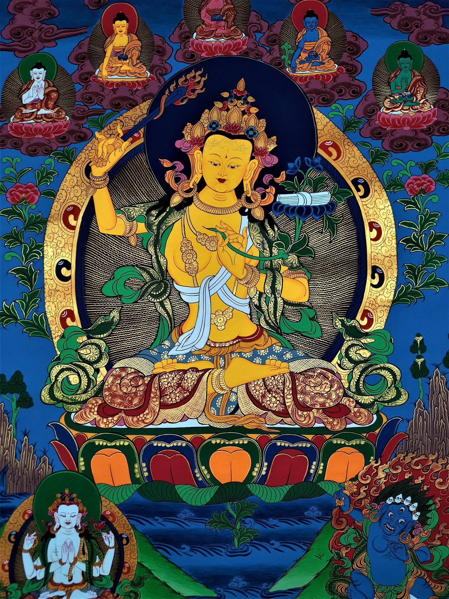 Manjusri / Manjushri God Of Wisdom Original Masterpiece Hand-painted Tibetan Thanka / Thangka Painting/Wall Hanging