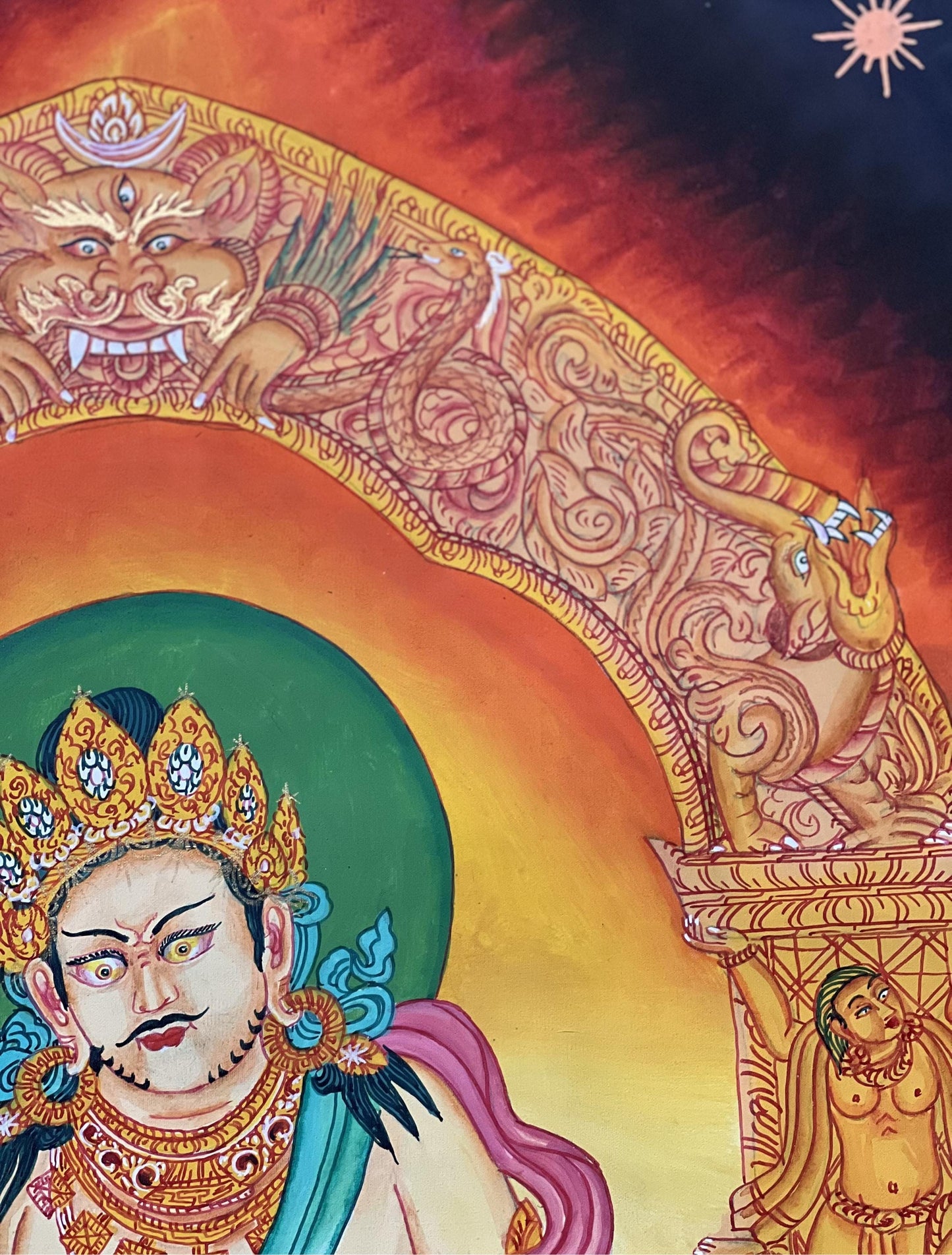Hand-Painted Yellow Jambhala Kubera Newari Paubha Thangka | Buddhist Wealth Deity Art | Silk Brocade