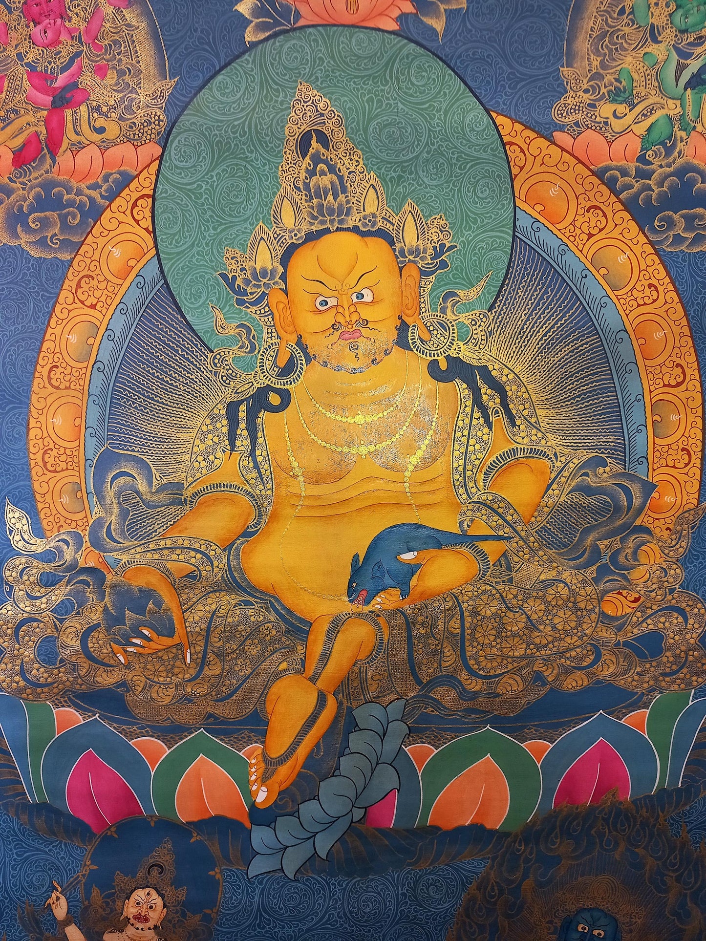 Hand Painted Pancha Jambhala Thangka Painting, God of Wealth Art