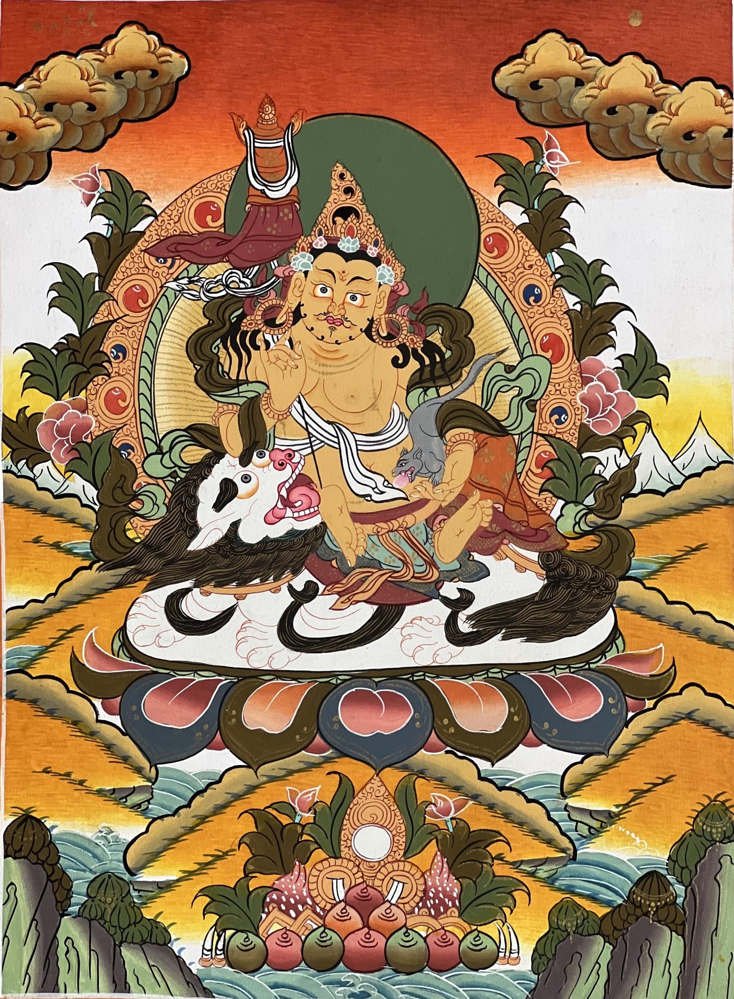 Singha Jambhala Thangka | Hand-Painted Tibetan Wealth Art with Silk Brocade