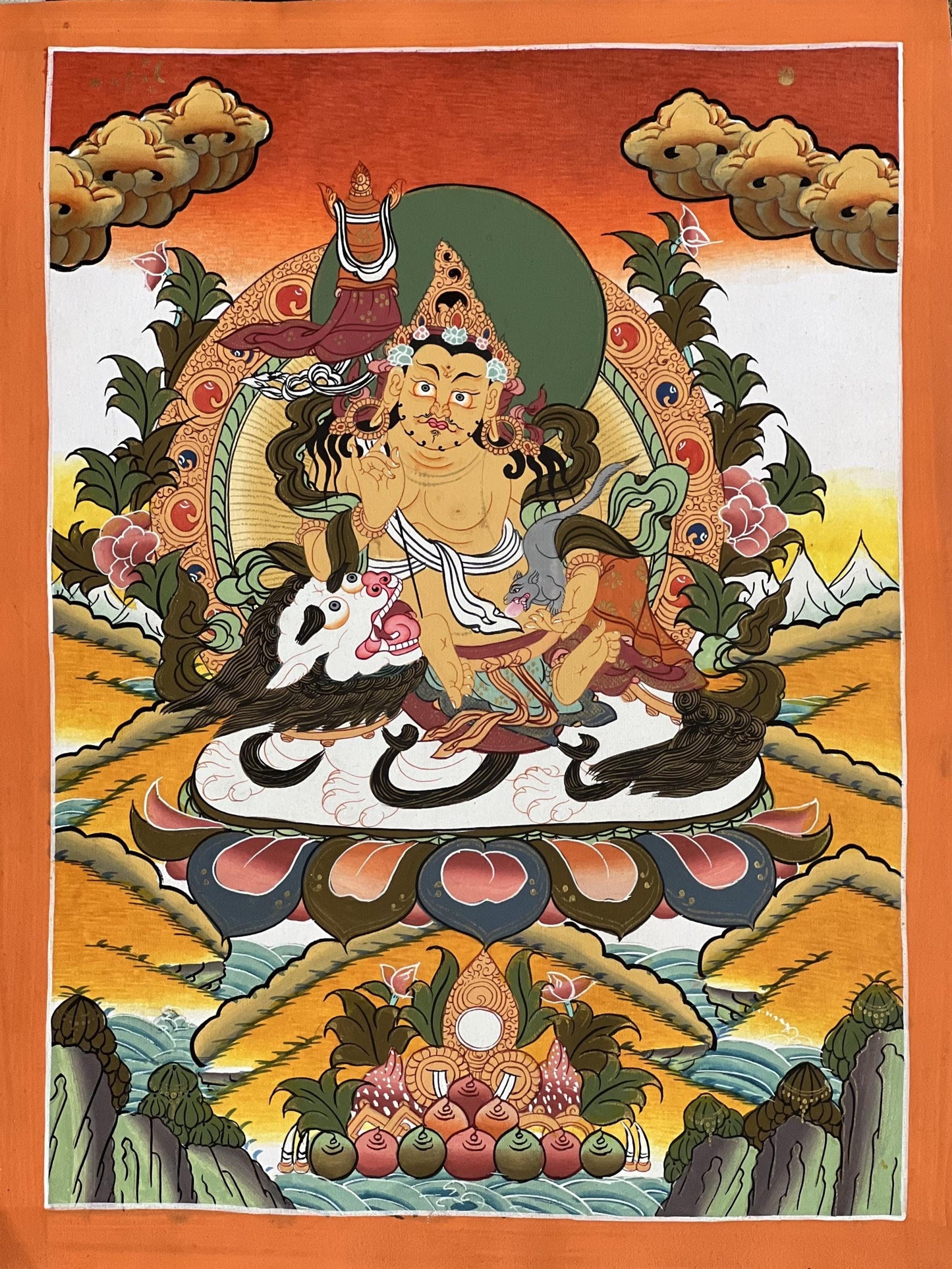 Singha Jambhala Thangka | Hand-Painted Tibetan Wealth Art with Silk Brocade