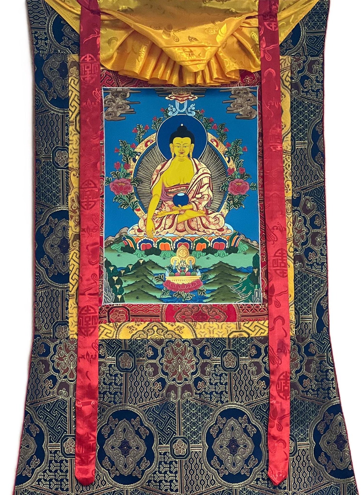 Hand-Painted Shakyamuni Buddha Thangka with Silk Frame
