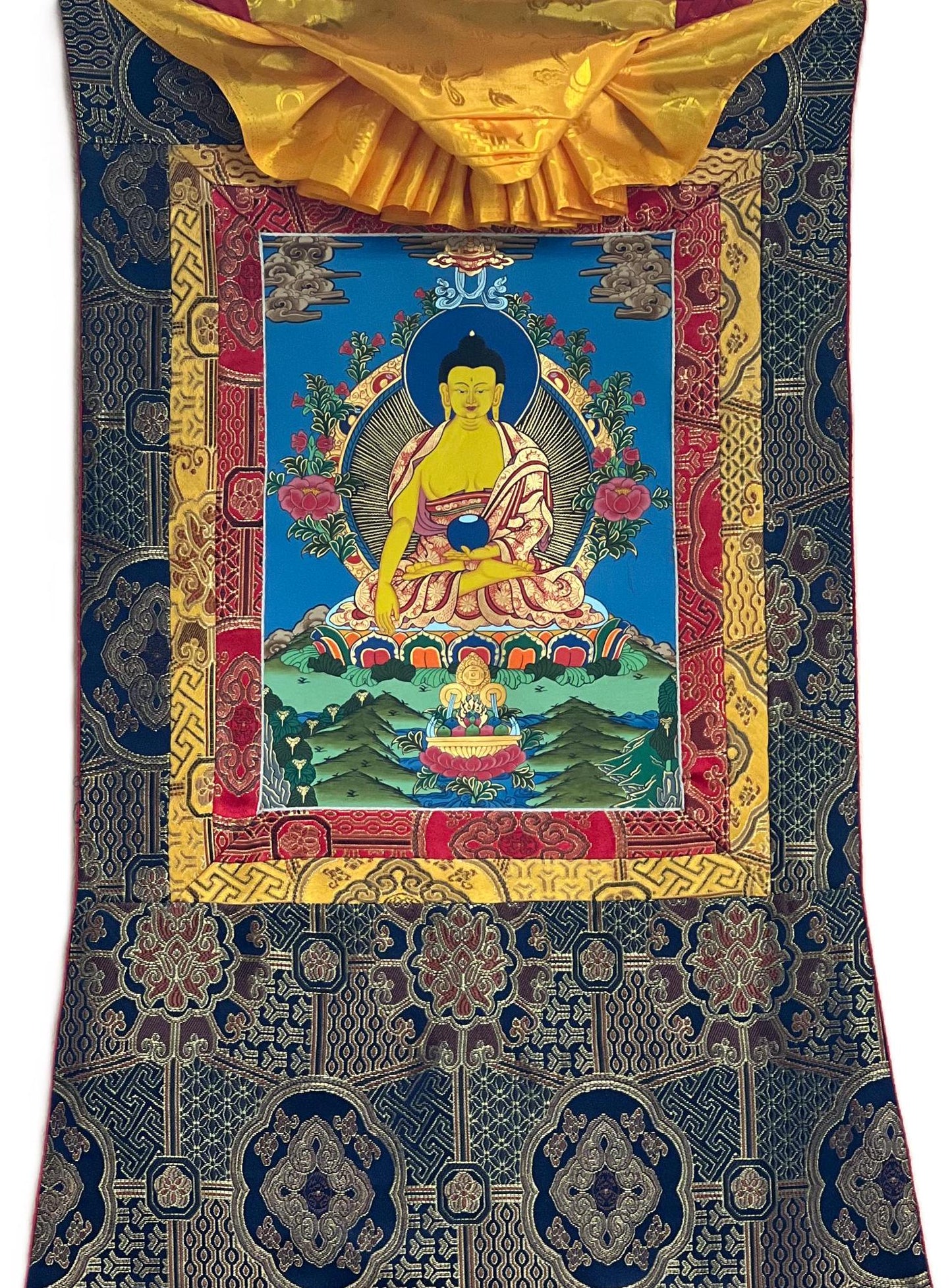 Hand-Painted Shakyamuni Buddha Thangka with Silk Frame