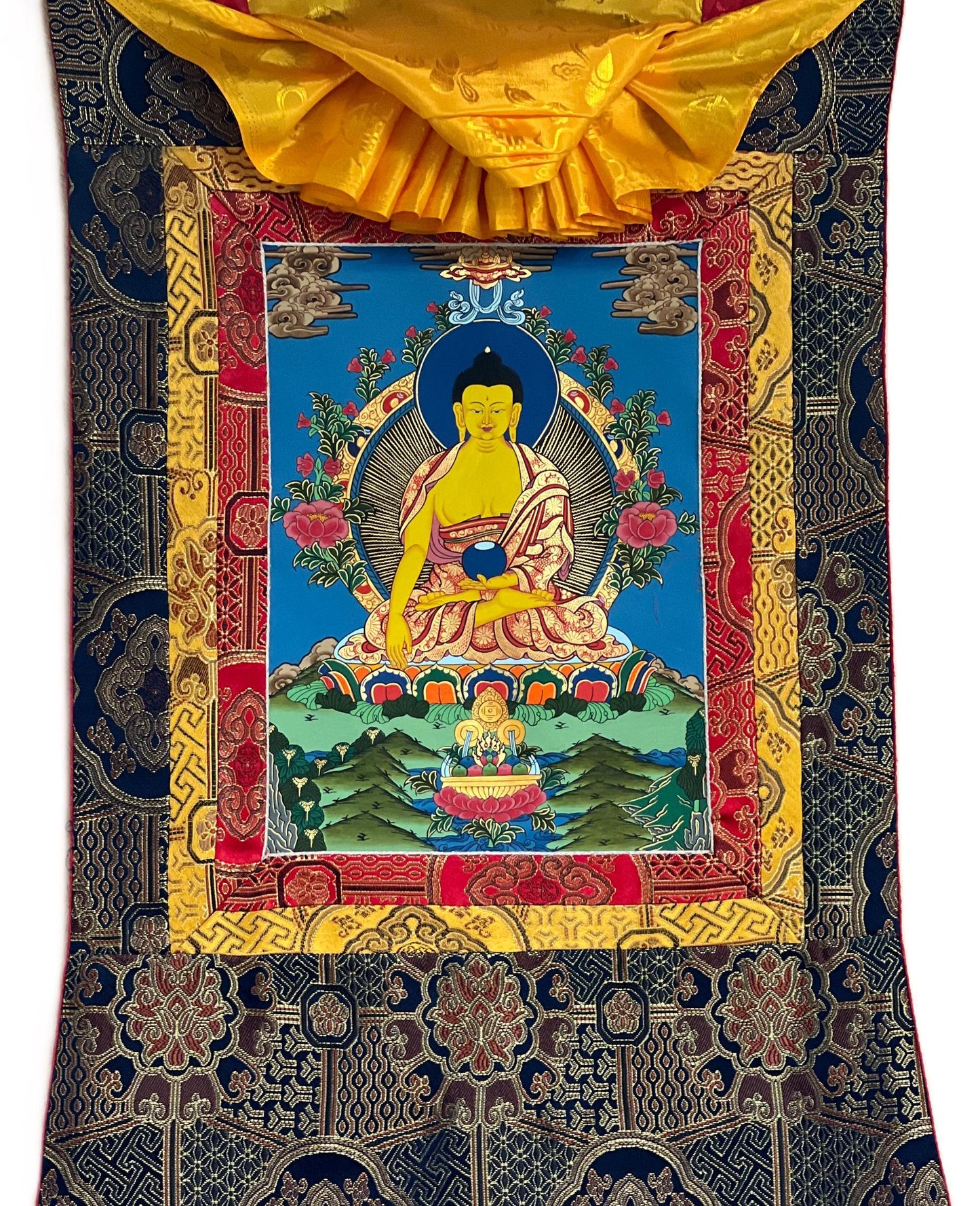 Hand-Painted Shakyamuni Buddha Thangka with Silk Frame