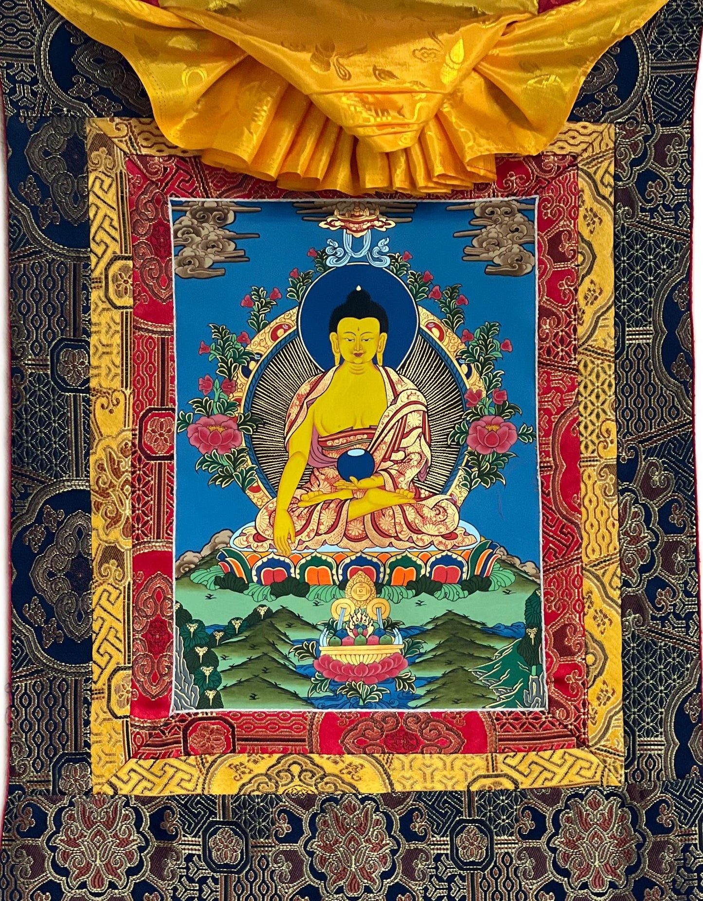 Hand-Painted Shakyamuni Buddha Thangka with Silk Frame