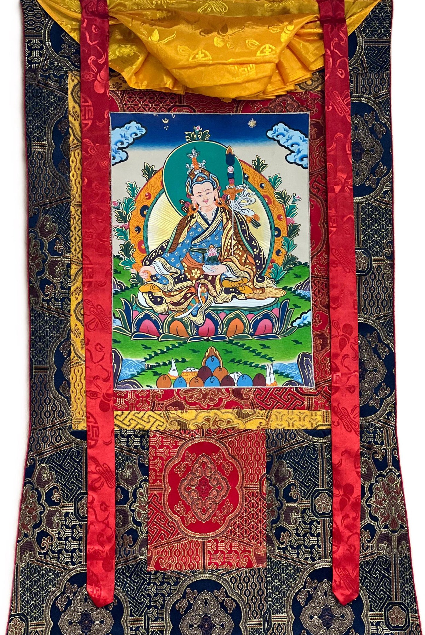 Hand-painted Padmasambhava Thangka – Tibetan Buddhist Art with Silk Brocade