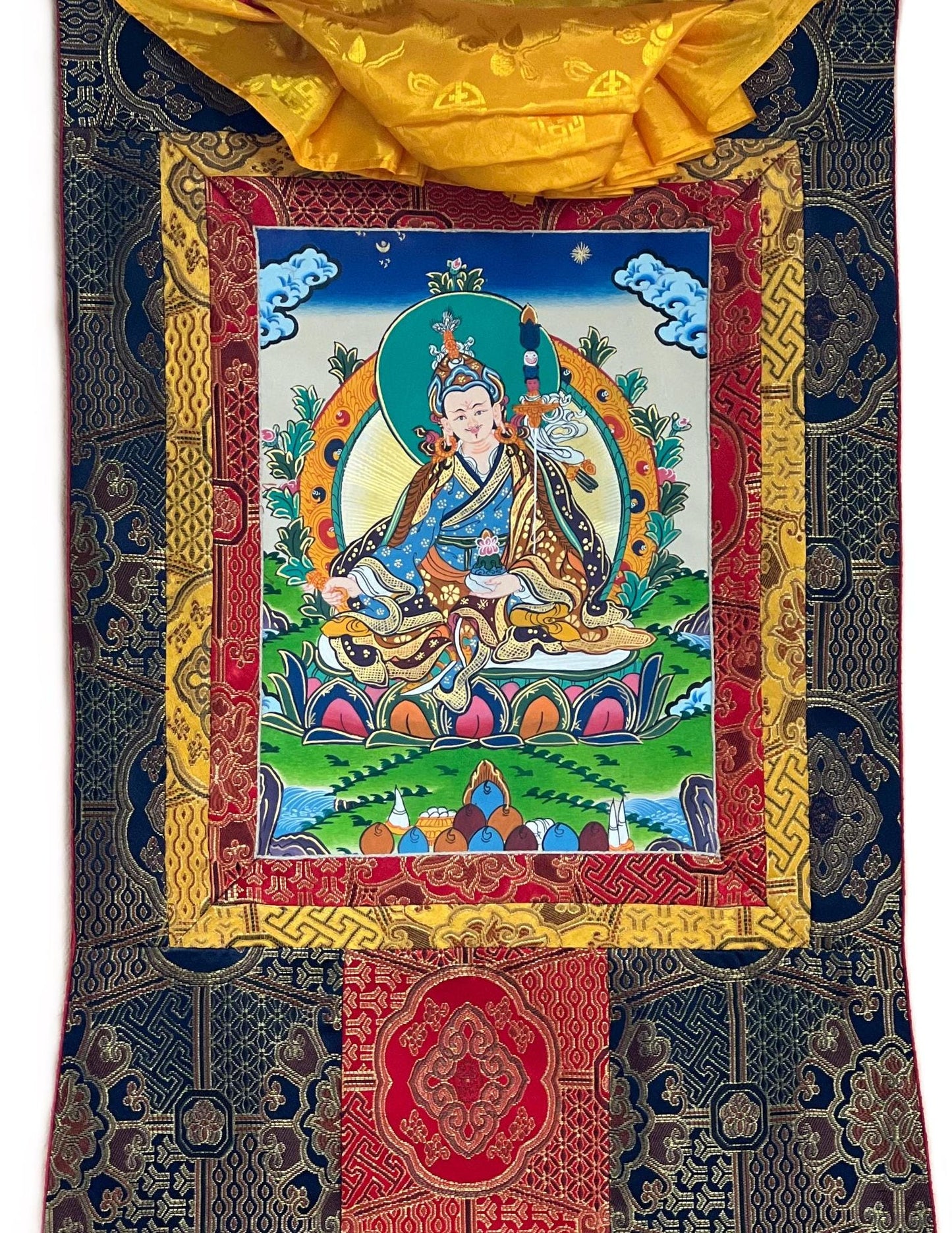 Hand-painted Padmasambhava Thangka – Tibetan Buddhist Art with Silk Brocade