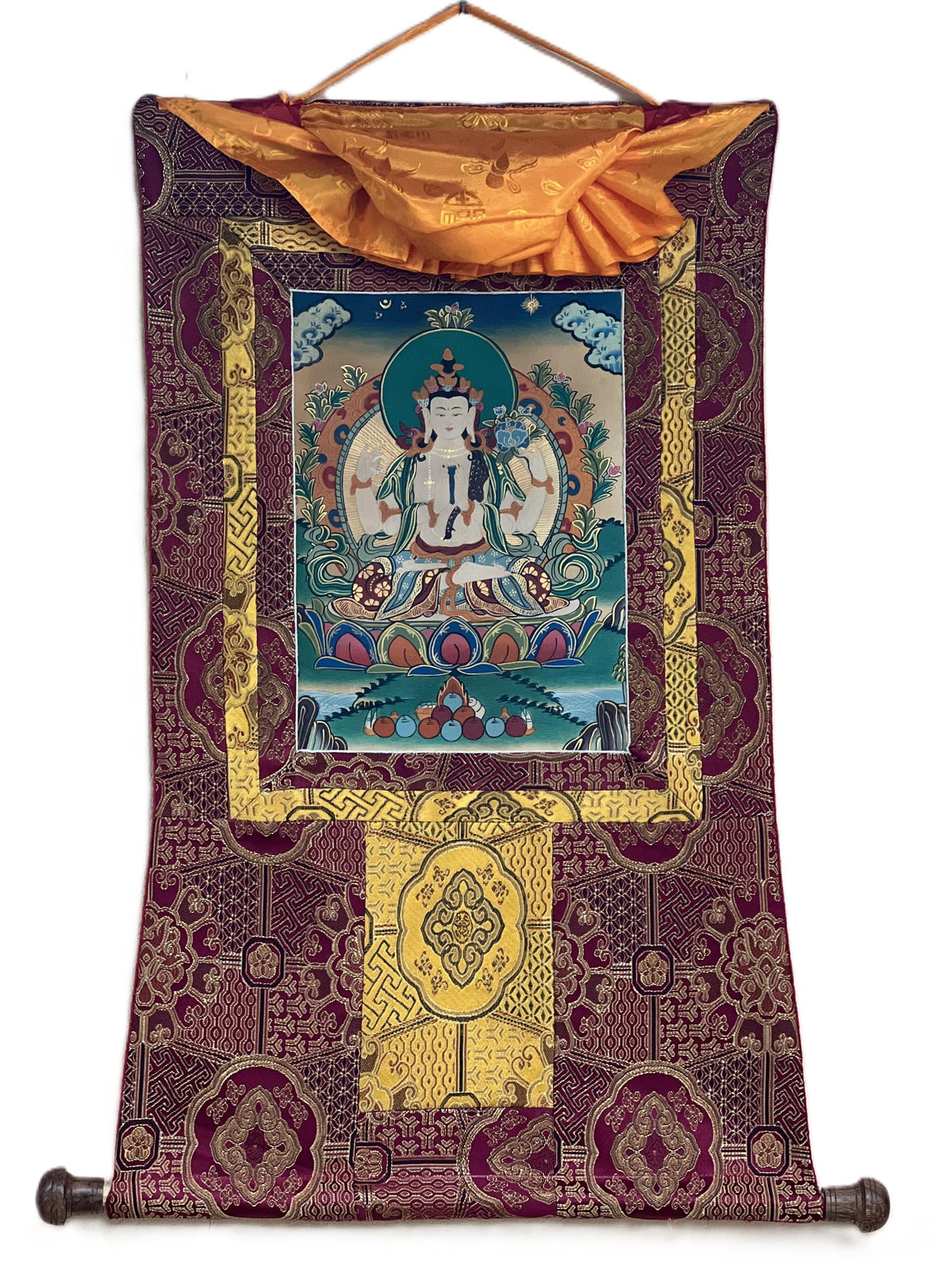 Handmade Avalokiteshvara Thangka Painting with Silk Brocade