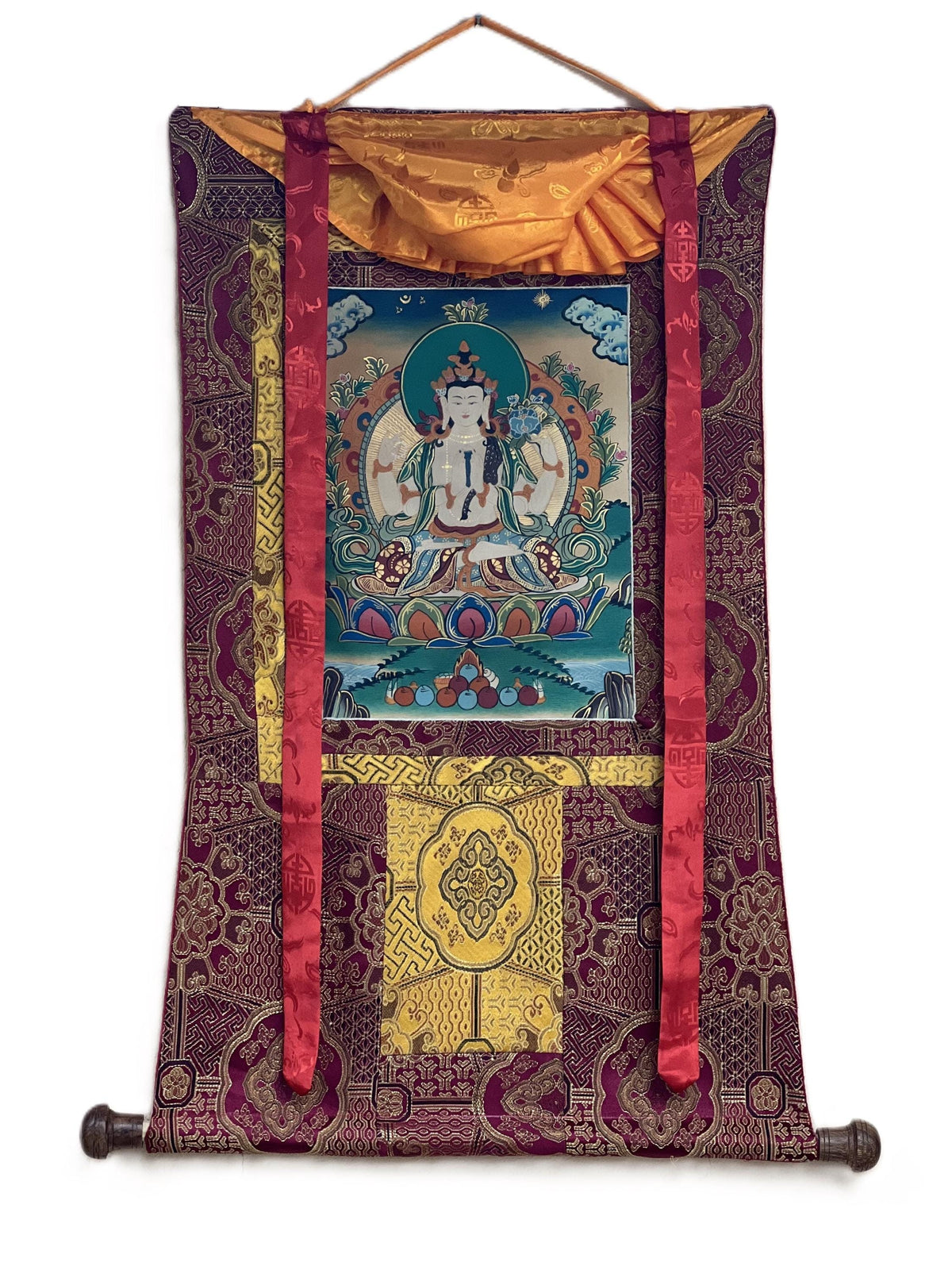 Handmade Avalokiteshvara Thangka Painting with Silk Brocade