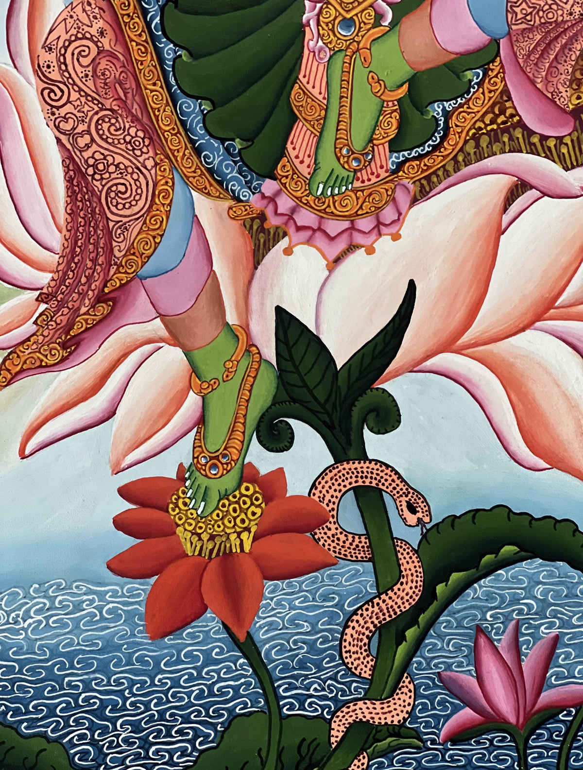 Green Tara Thangka Painting, Newari Paubha, Silk Brocade