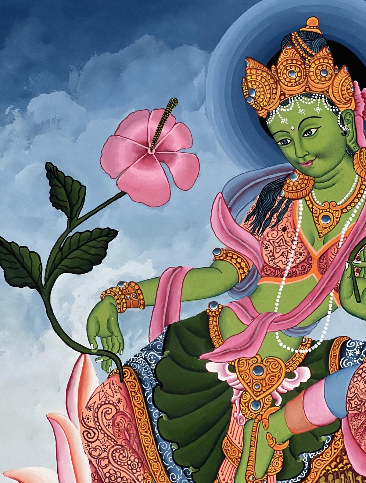 Green Tara Thangka Painting, Newari Paubha, Silk Brocade
