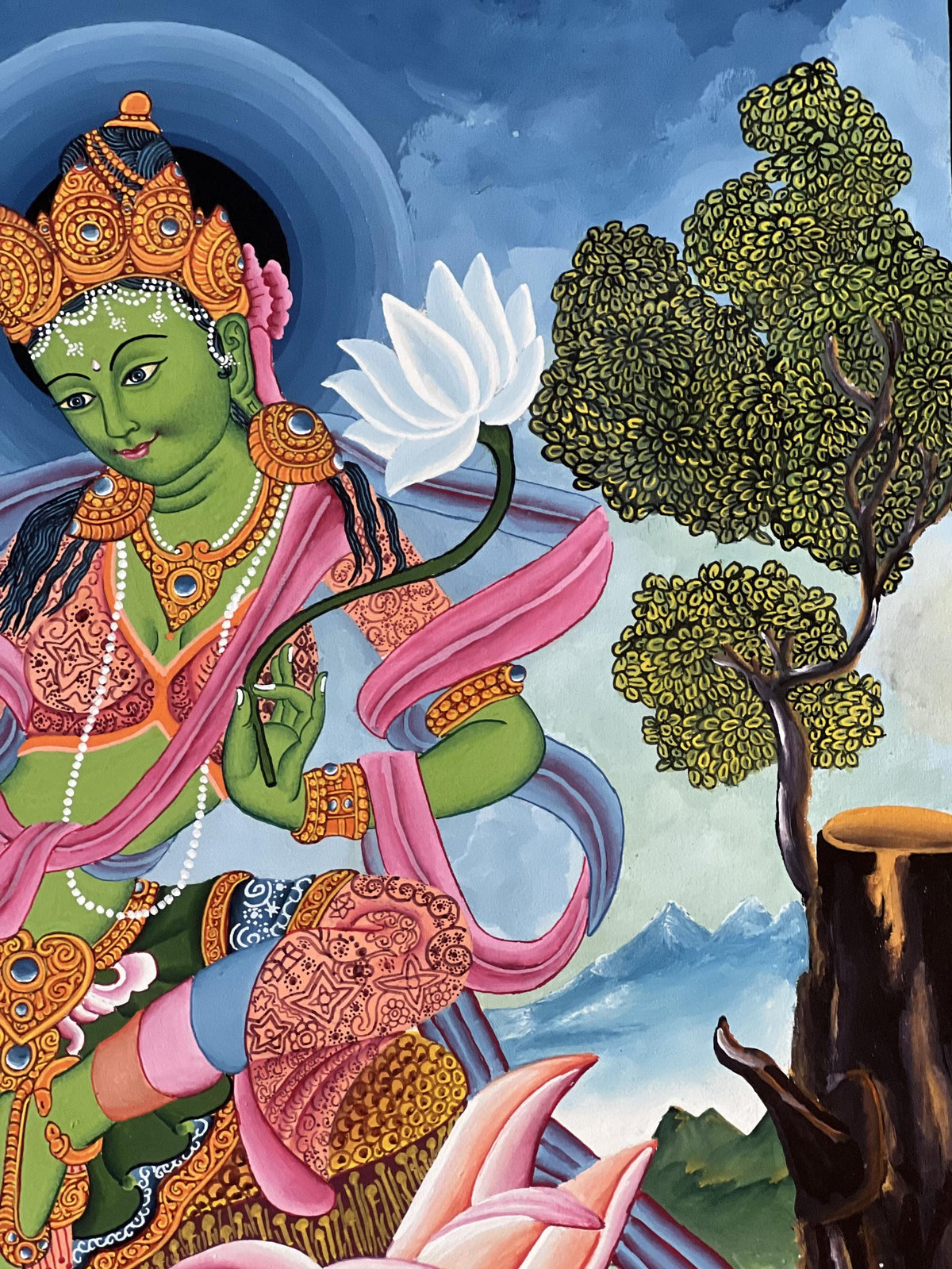 Green Tara Thangka Painting, Newari Paubha, Silk Brocade