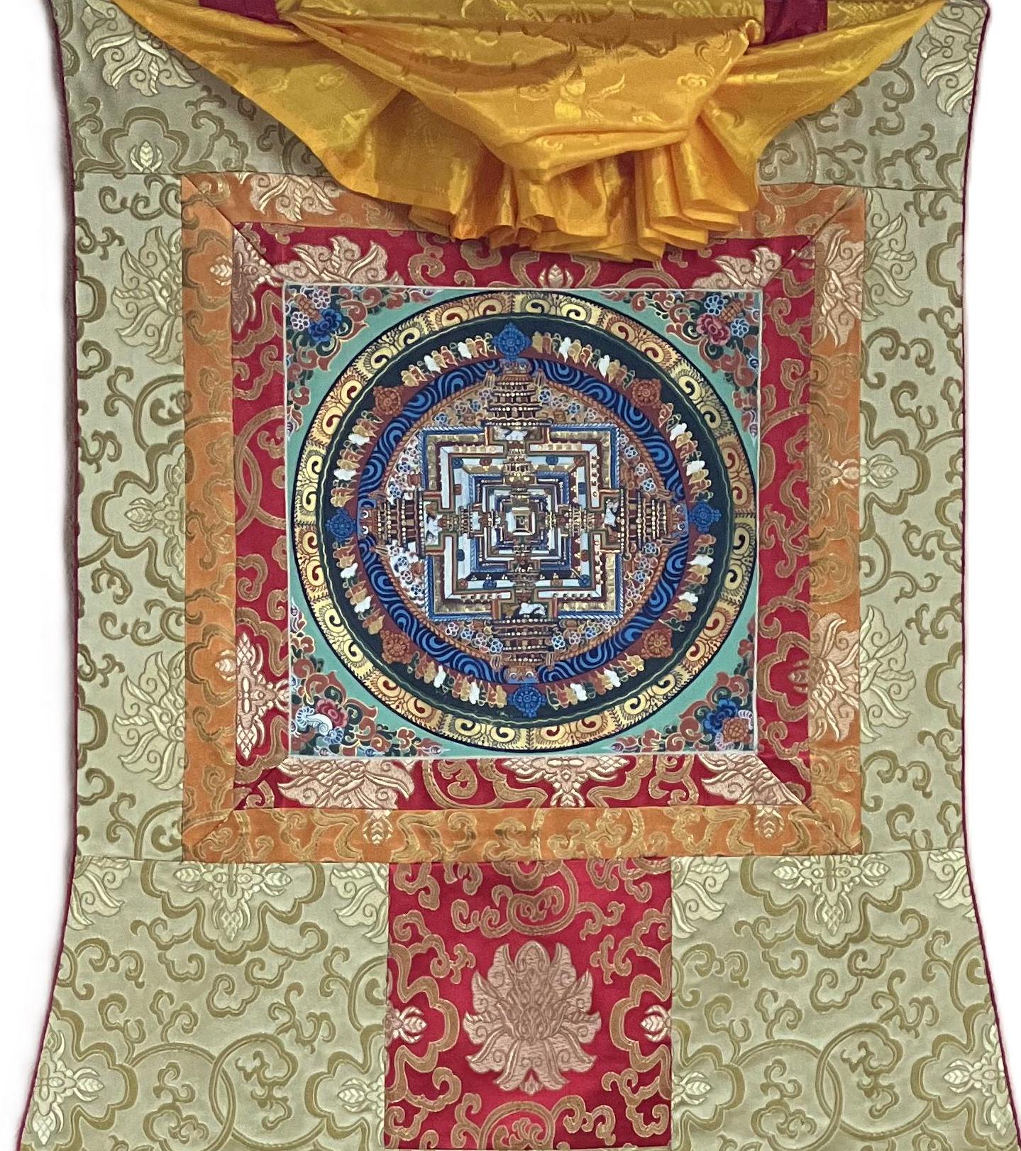 Hand-Painted Kalachakra Mandala Tibetan Thangka with Silk Brocade