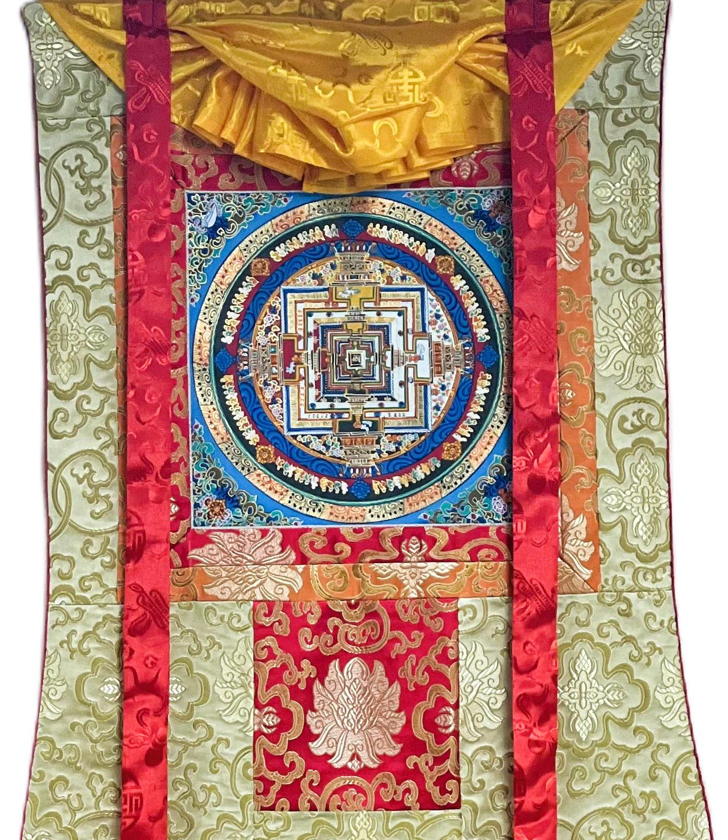 Hand-Painted Kalachakra Mandala Tibetan Thangka with Silk Brocade