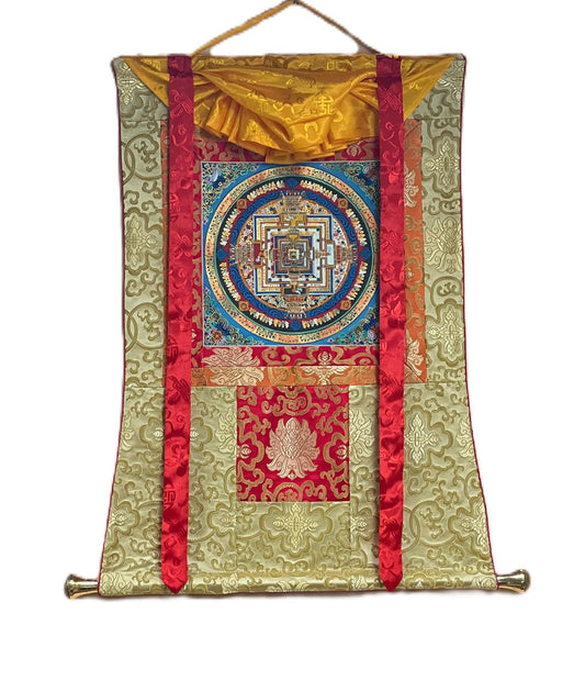 Hand-Painted Kalachakra Mandala Tibetan Thangka with Silk Brocade