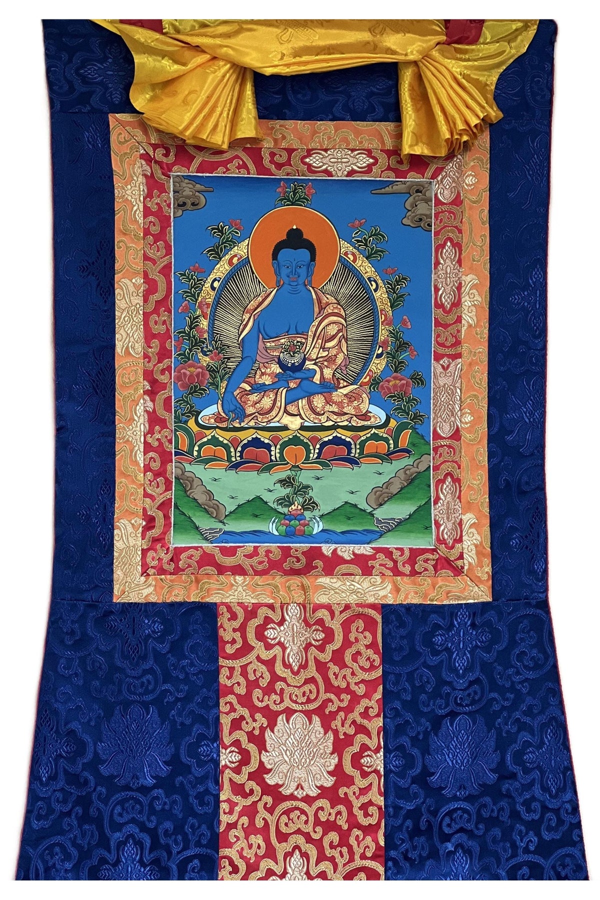 Hand-Painted Medicine Buddha Thangka Painting with Silk Brocade