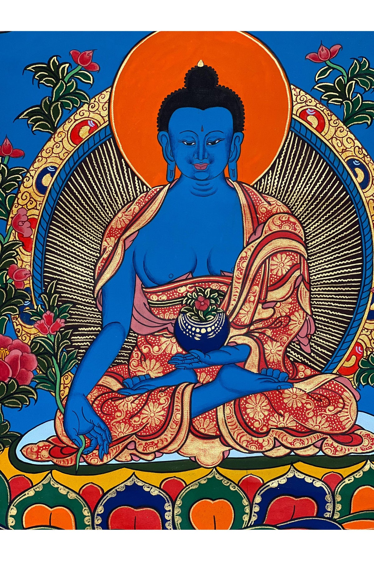 Hand-Painted Medicine Buddha Thangka Painting with Silk Brocade