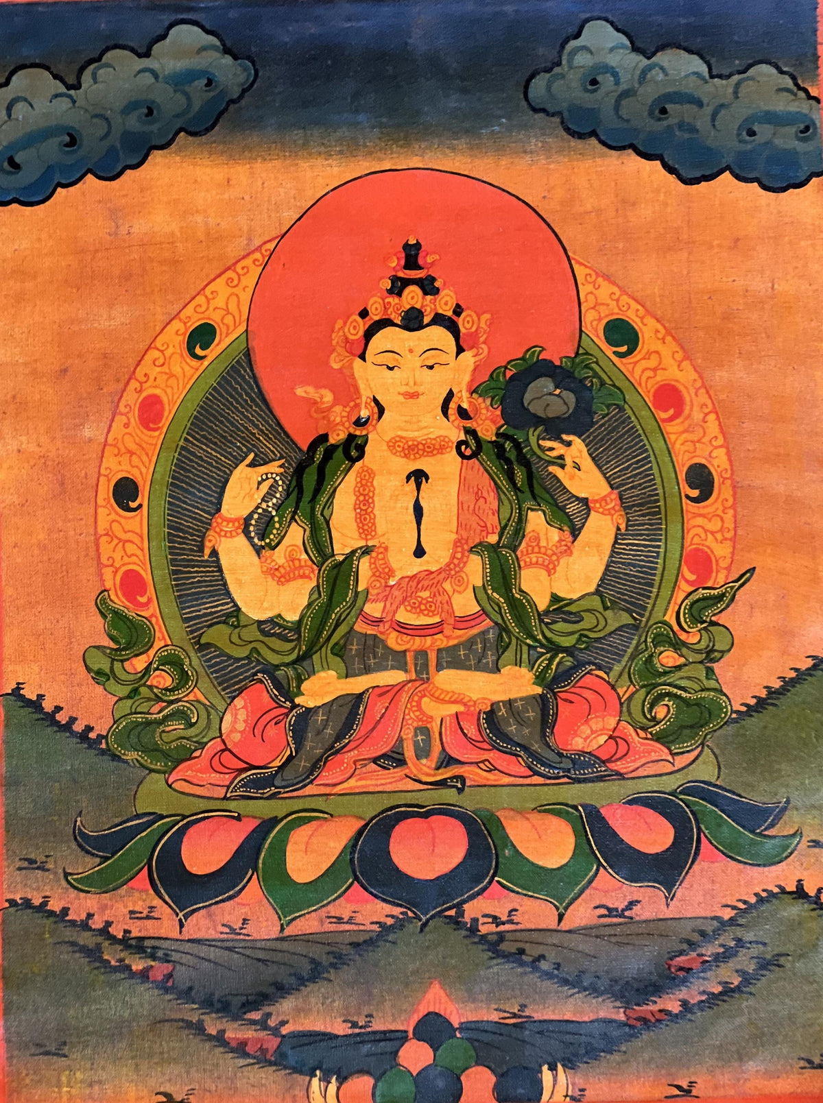 Chenrezig Thangka Painting, Avalokiteshvara Bodhisattva, Silk Brocade