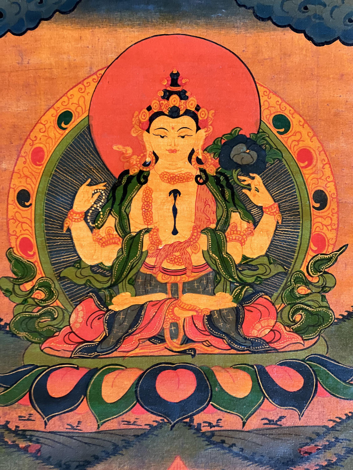 Chenrezig Thangka Painting, Avalokiteshvara Bodhisattva, Silk Brocade