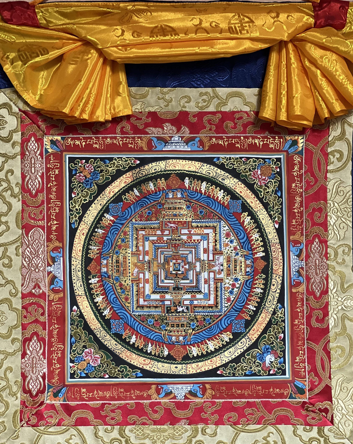 Kalachakra Mandala Tibetan Thangka Painting with Silk Brocade