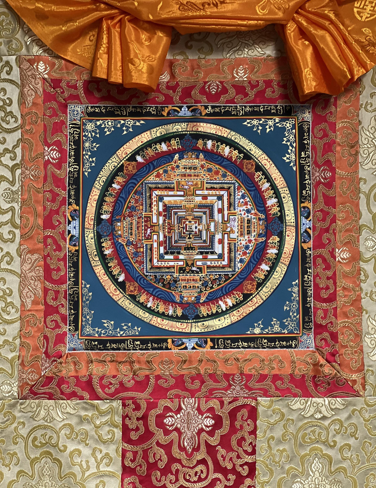 Kalachakra Mandala Tibetan Thangka Painting with Silk Brocade